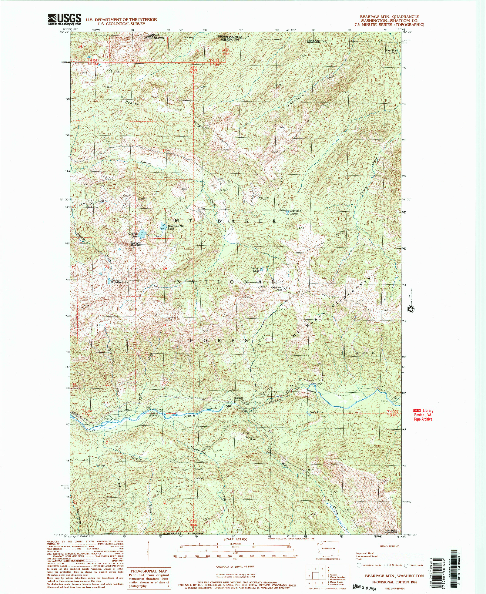 USGS 1:24000-SCALE QUADRANGLE FOR BEARPAW MOUNTAIN, WA 1989
