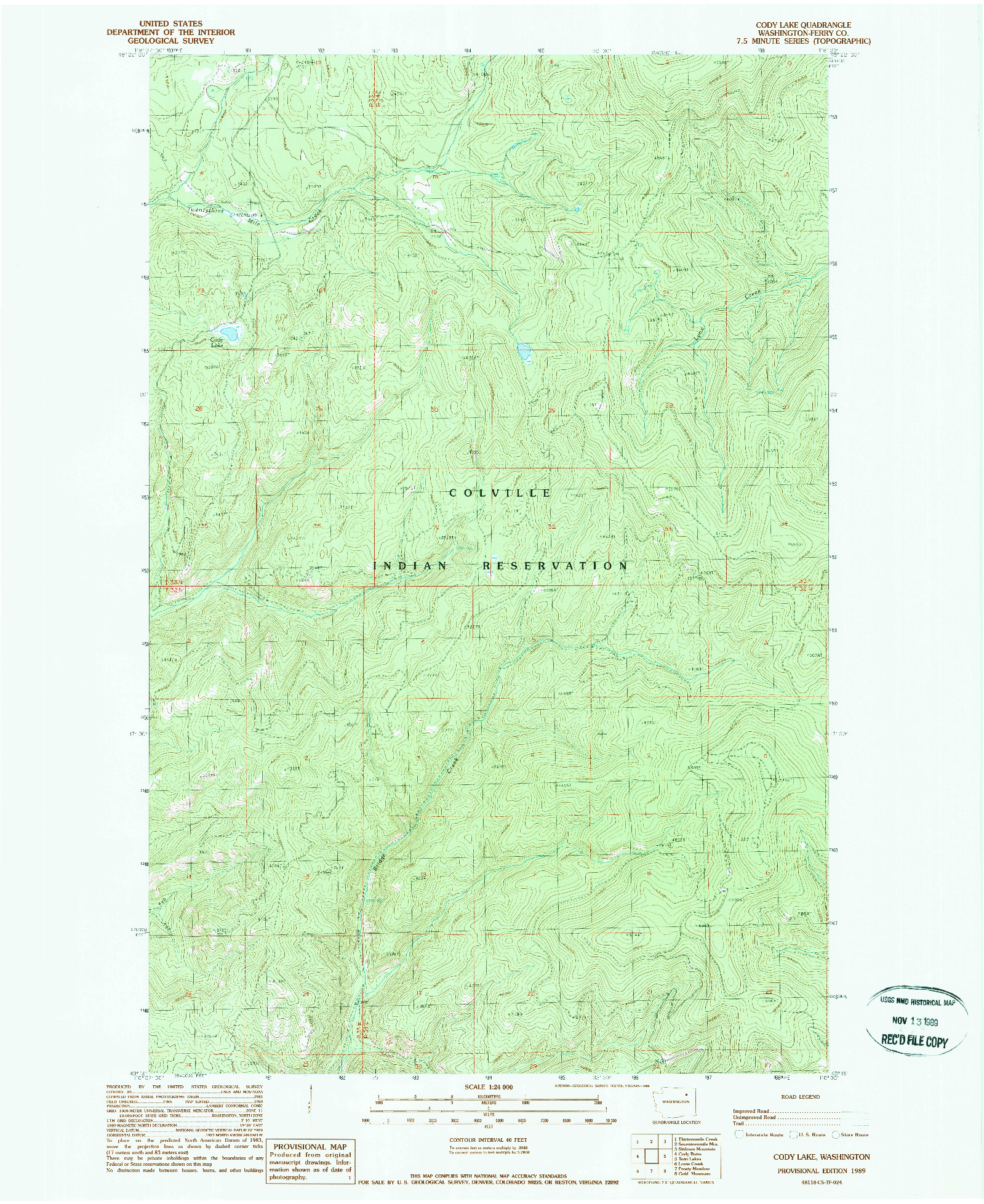 USGS 1:24000-SCALE QUADRANGLE FOR CODY LAKE, WA 1989