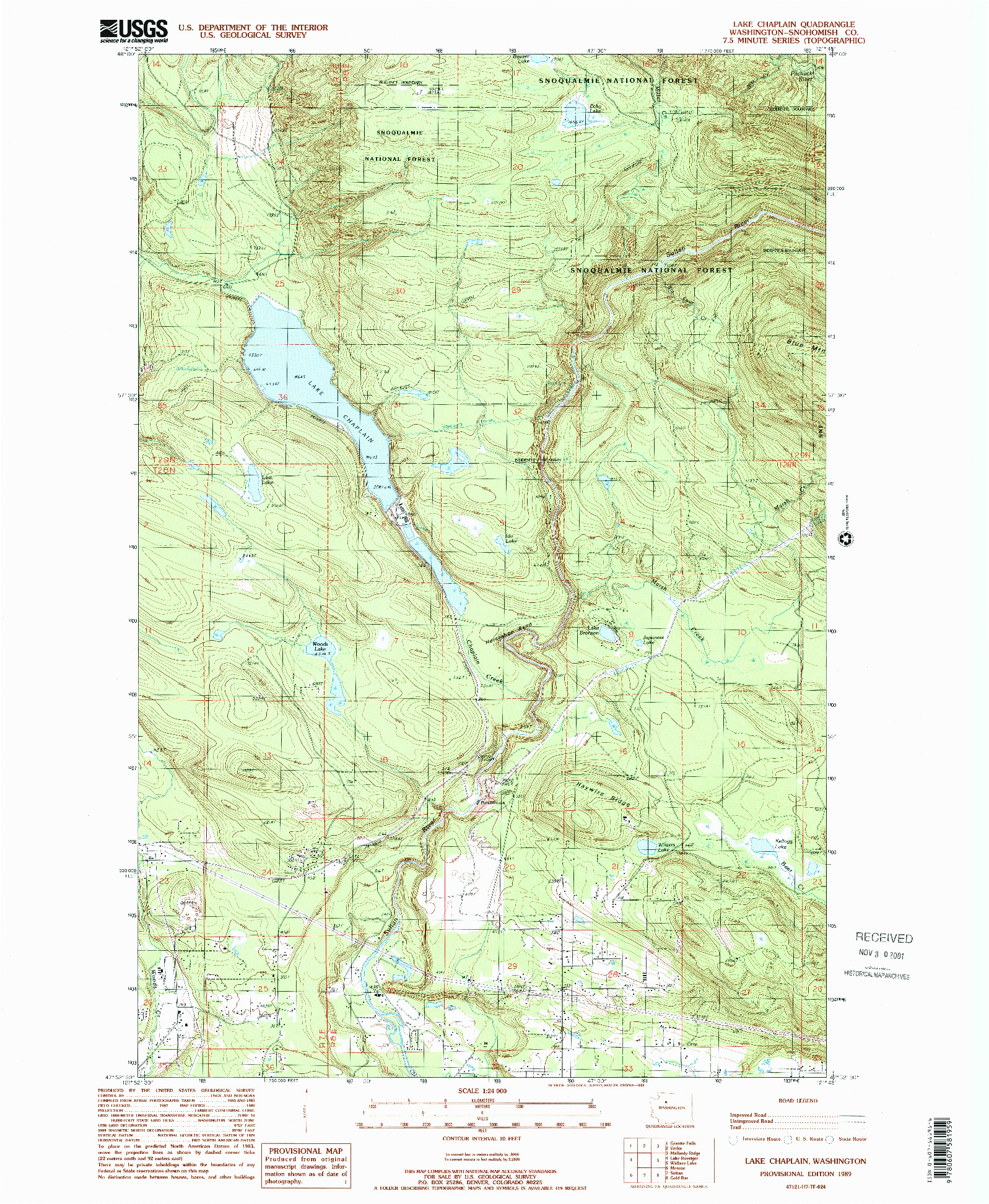 USGS 1:24000-SCALE QUADRANGLE FOR LAKE CHAPLAIN, WA 1989