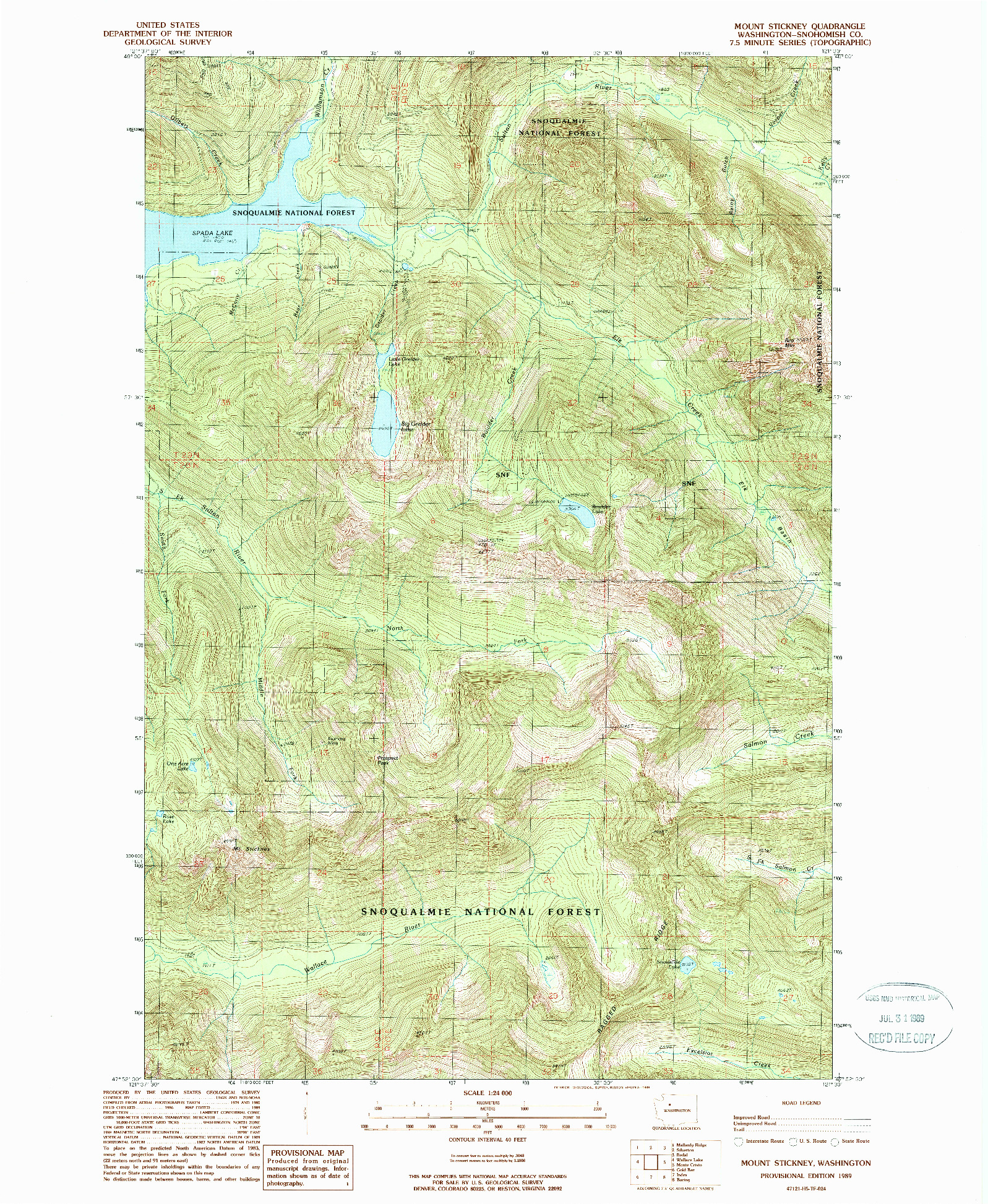 USGS 1:24000-SCALE QUADRANGLE FOR MOUNT STICKNEY, WA 1989