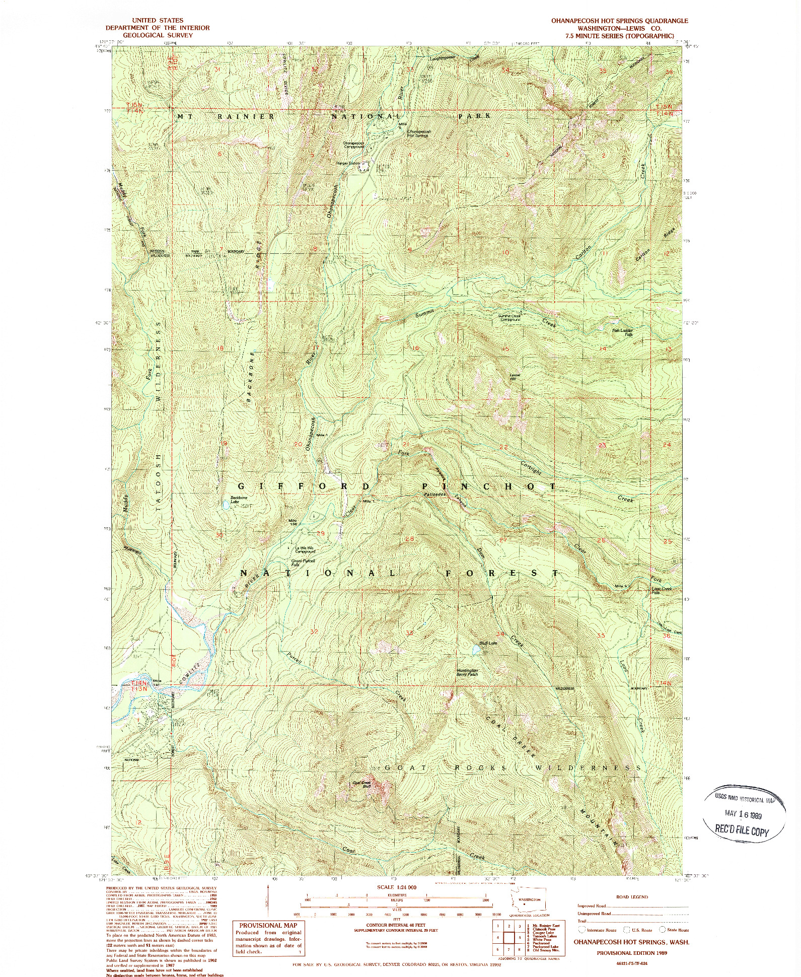 USGS 1:24000-SCALE QUADRANGLE FOR OHANAPECOSH HOT SPRINGS, WA 1989