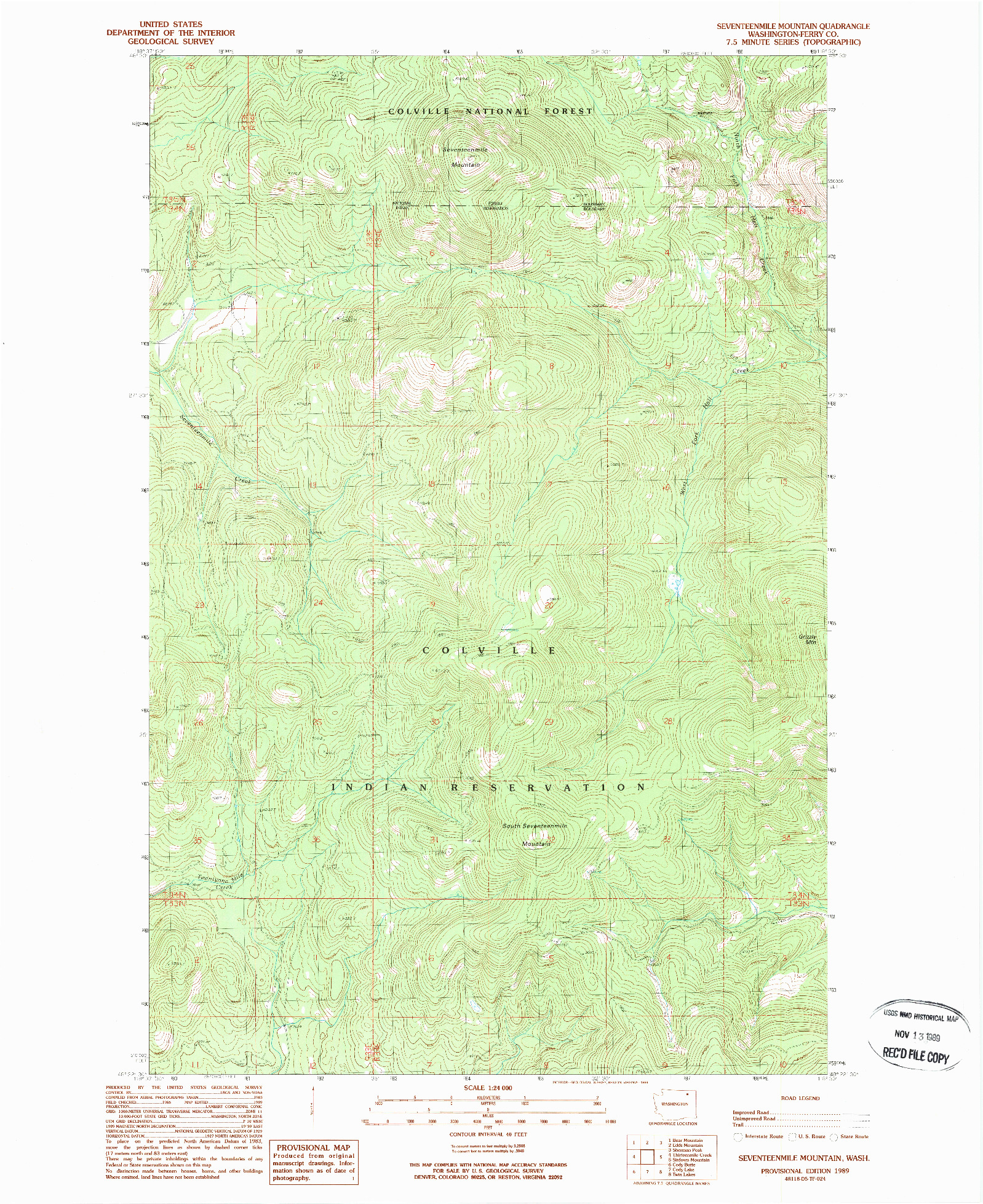USGS 1:24000-SCALE QUADRANGLE FOR SEVENTEENMILE MOUNTAIN, WA 1989