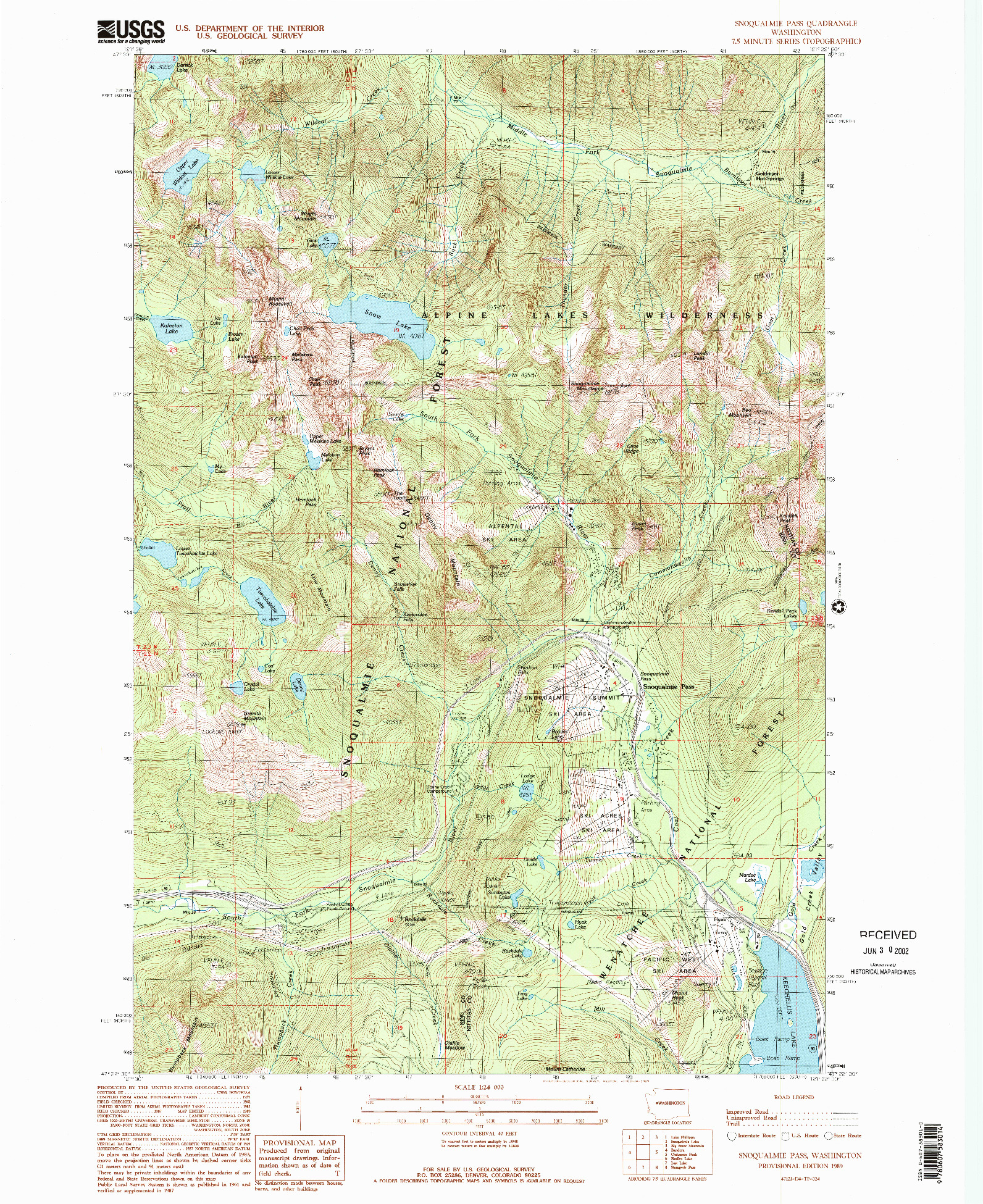 USGS 1:24000-SCALE QUADRANGLE FOR SNOQUALMIE PASS, WA 1989