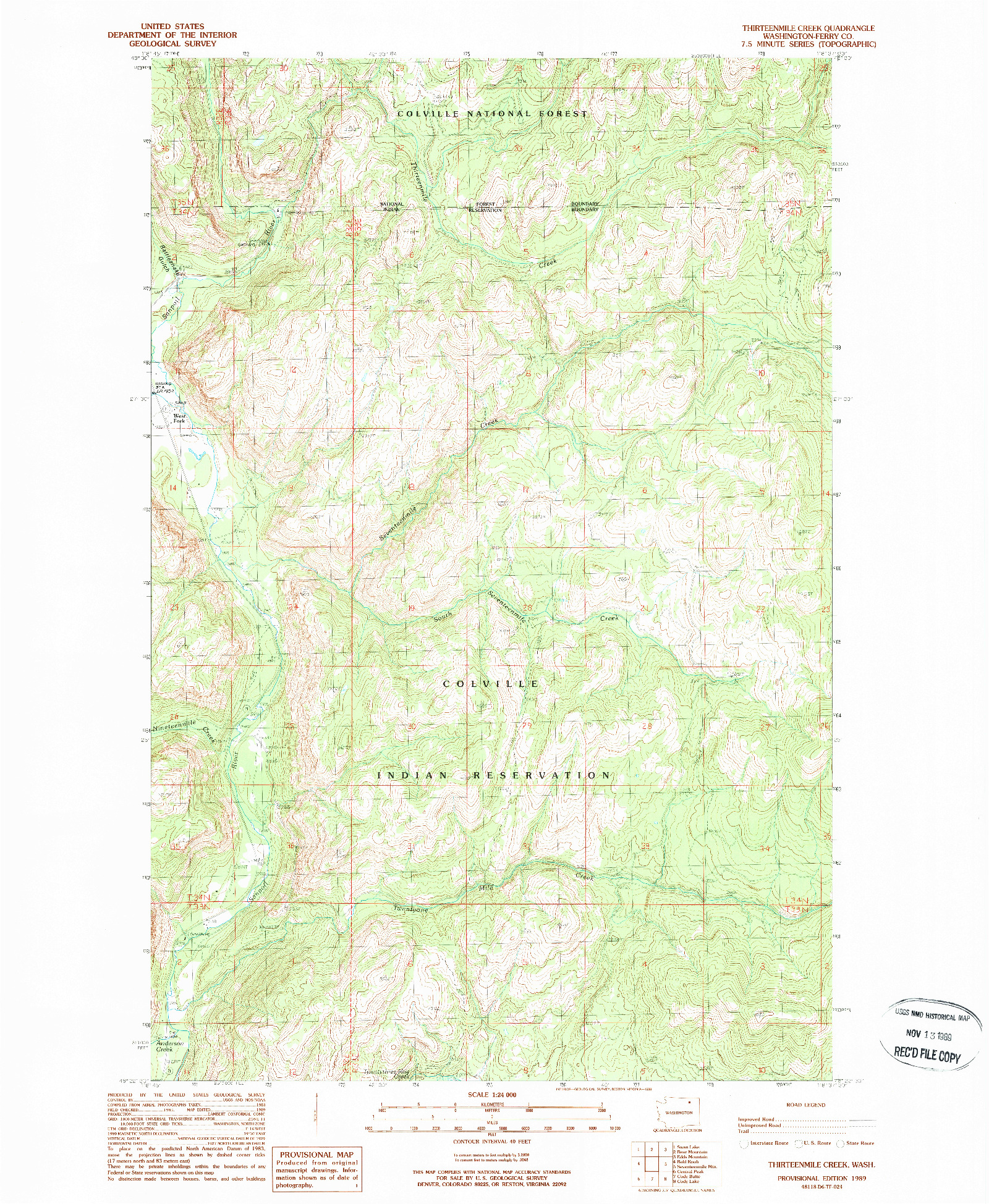 USGS 1:24000-SCALE QUADRANGLE FOR THIRTEENMILE CREEK, WA 1989