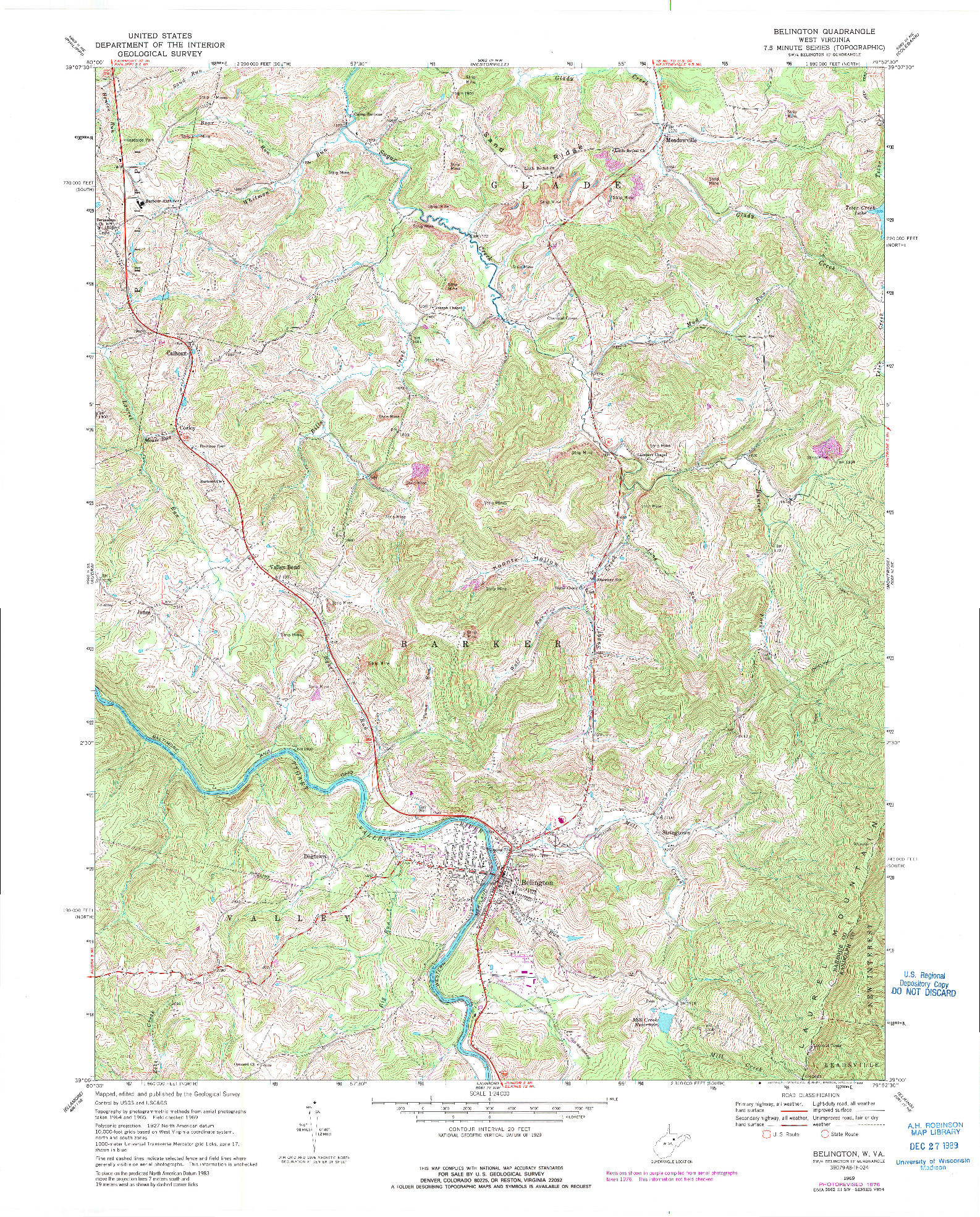 USGS 1:24000-SCALE QUADRANGLE FOR BELINGTON, WV 1969