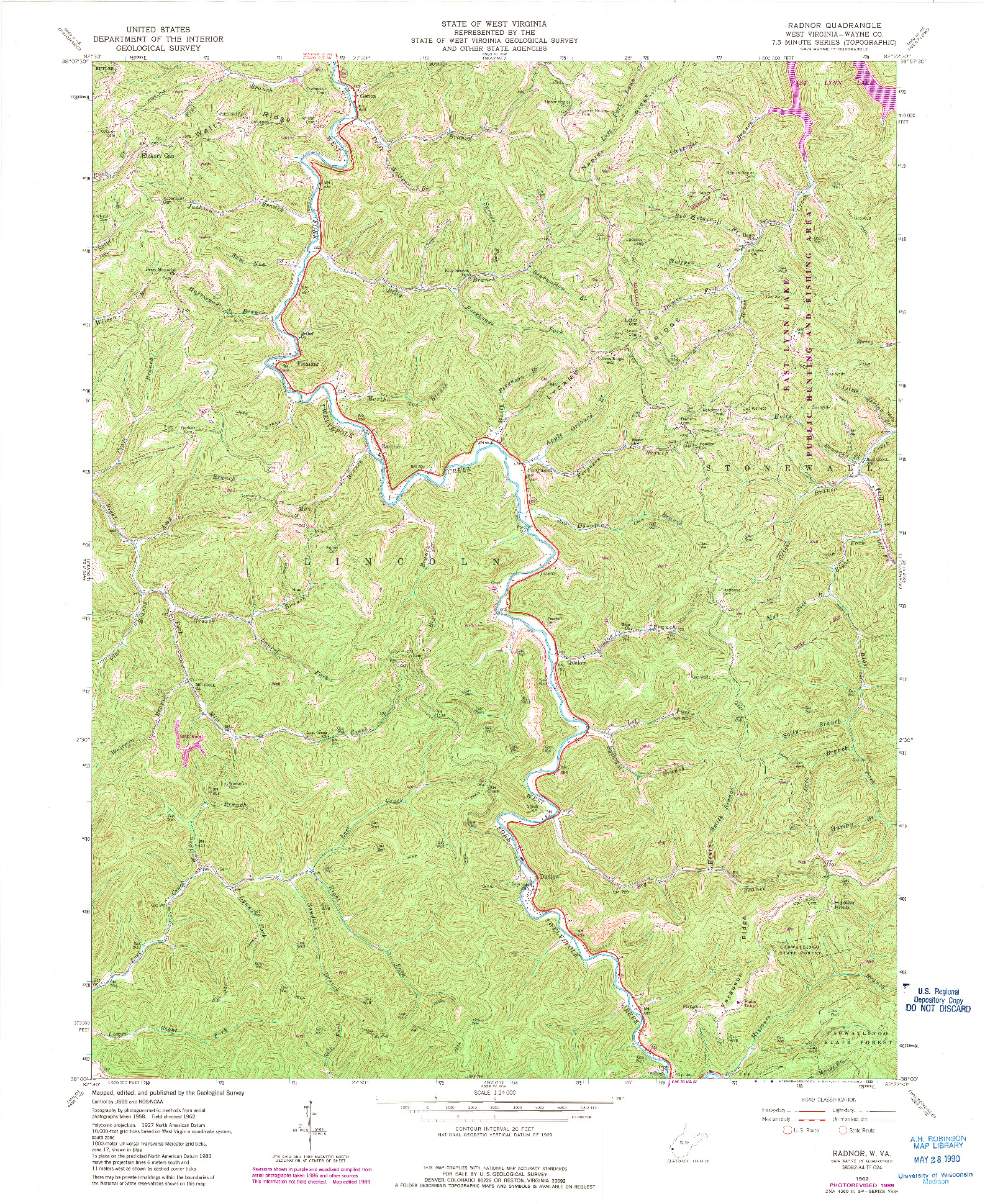 USGS 1:24000-SCALE QUADRANGLE FOR RADNOR, WV 1962