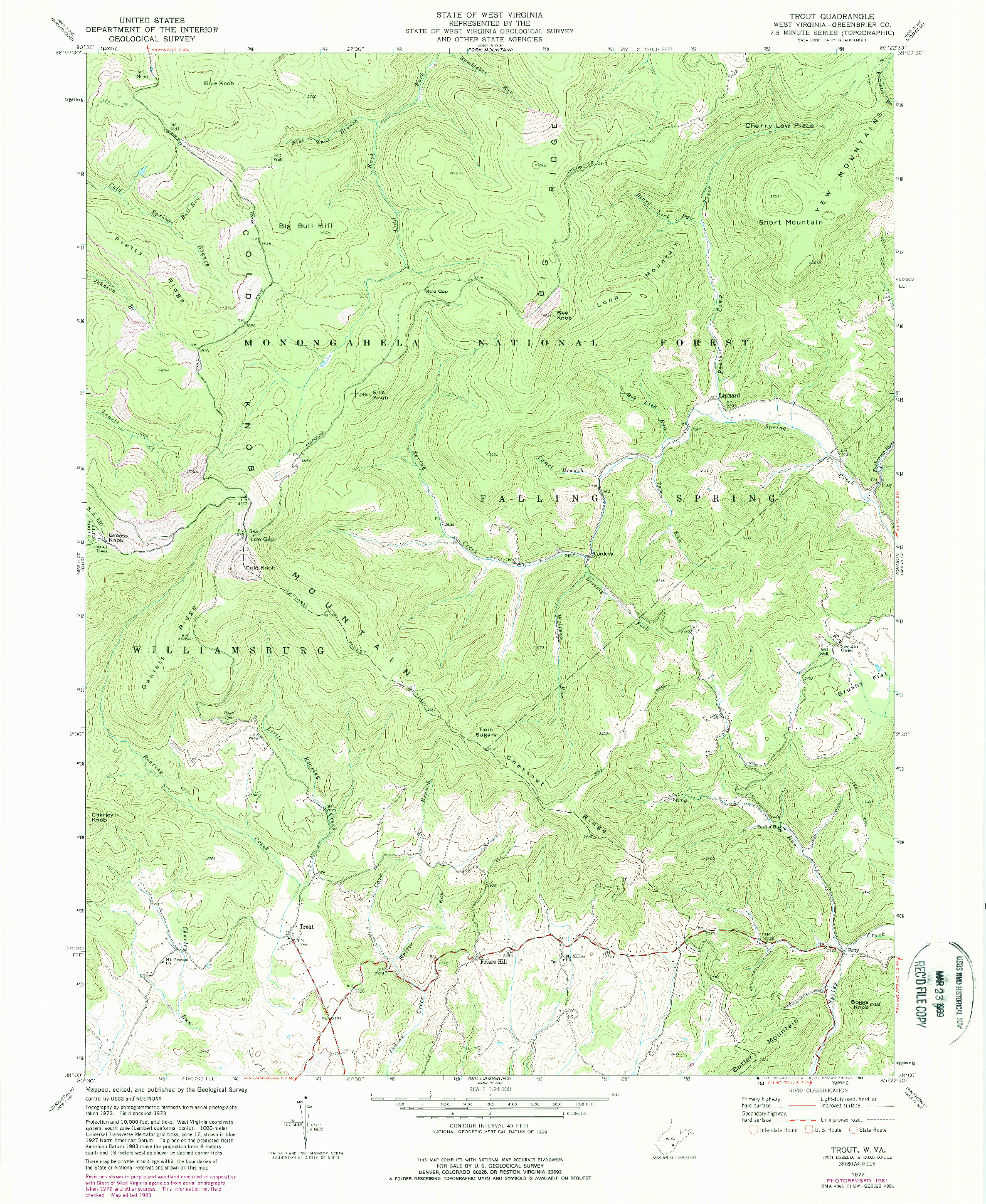 USGS 1:24000-SCALE QUADRANGLE FOR TROUT, WV 1977