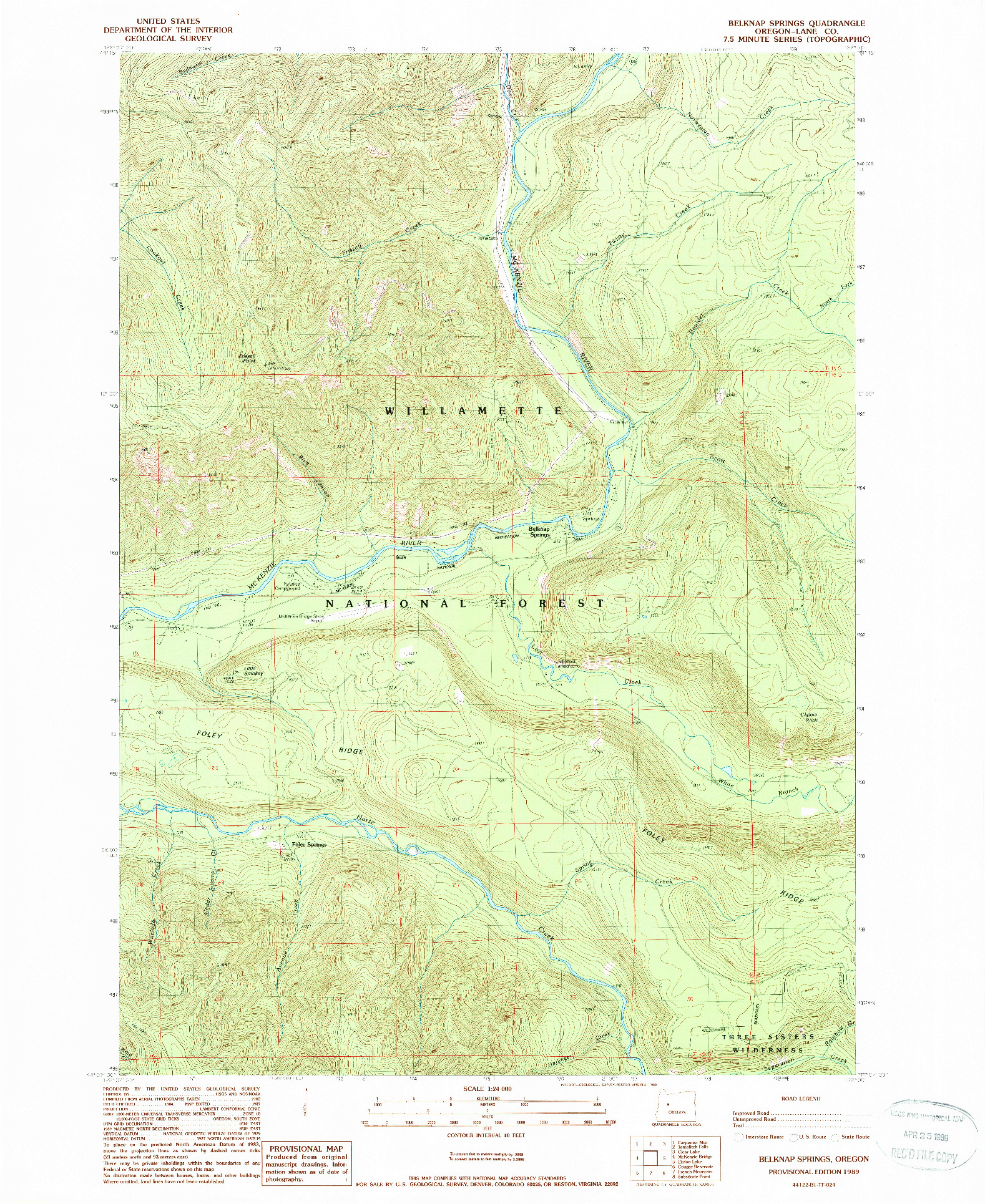 USGS 1:24000-SCALE QUADRANGLE FOR BELKNAP SPRINGS, OR 1989