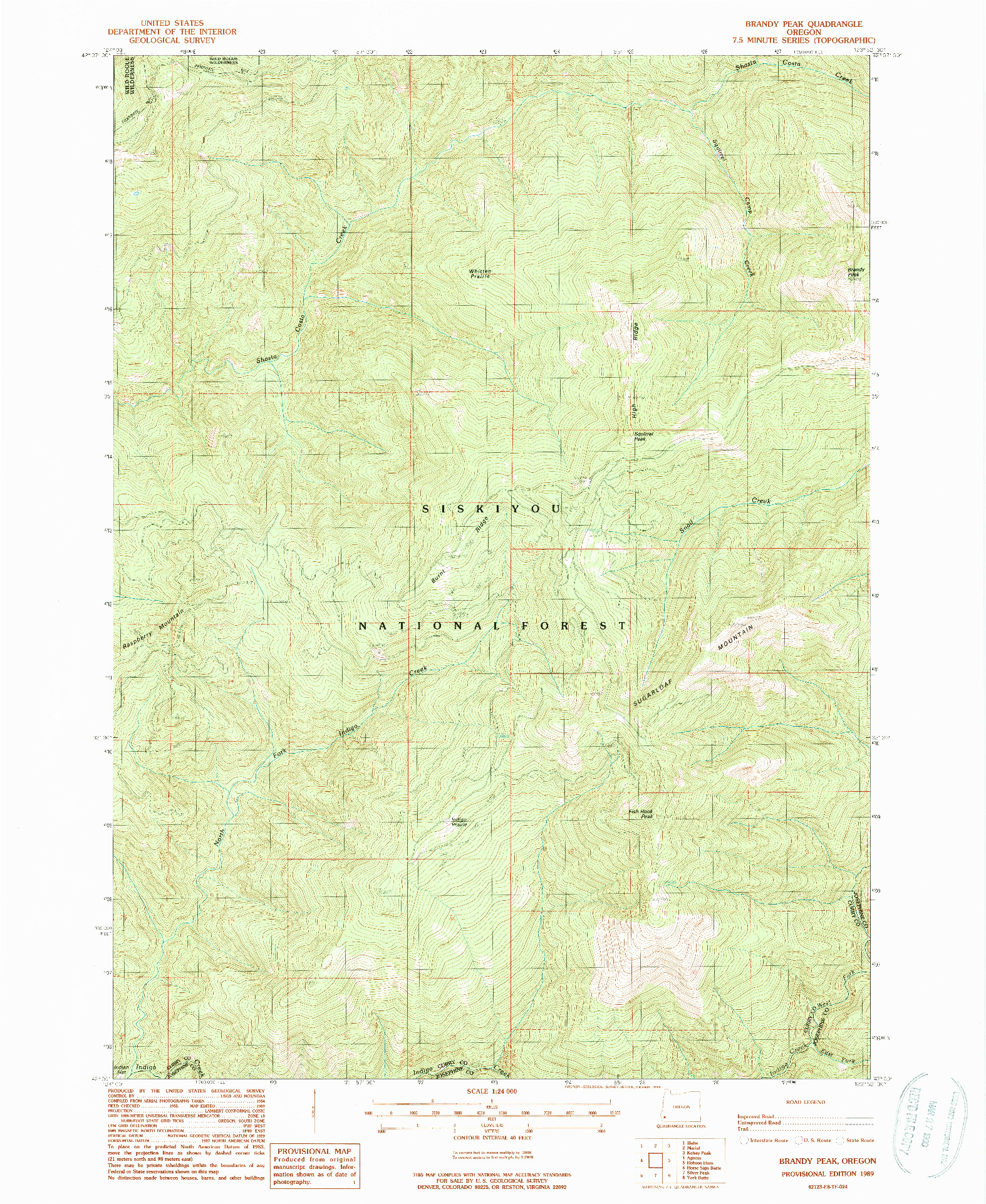 USGS 1:24000-SCALE QUADRANGLE FOR BRANDY PEAK, OR 1989