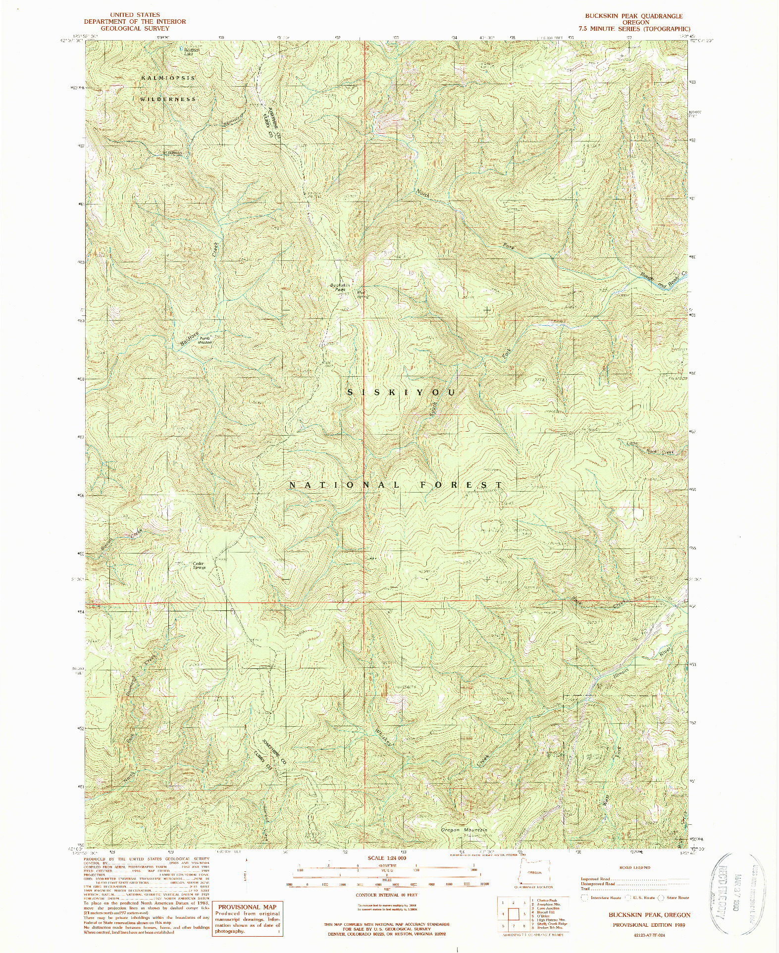 USGS 1:24000-SCALE QUADRANGLE FOR BUCKSKIN PEAK, OR 1989