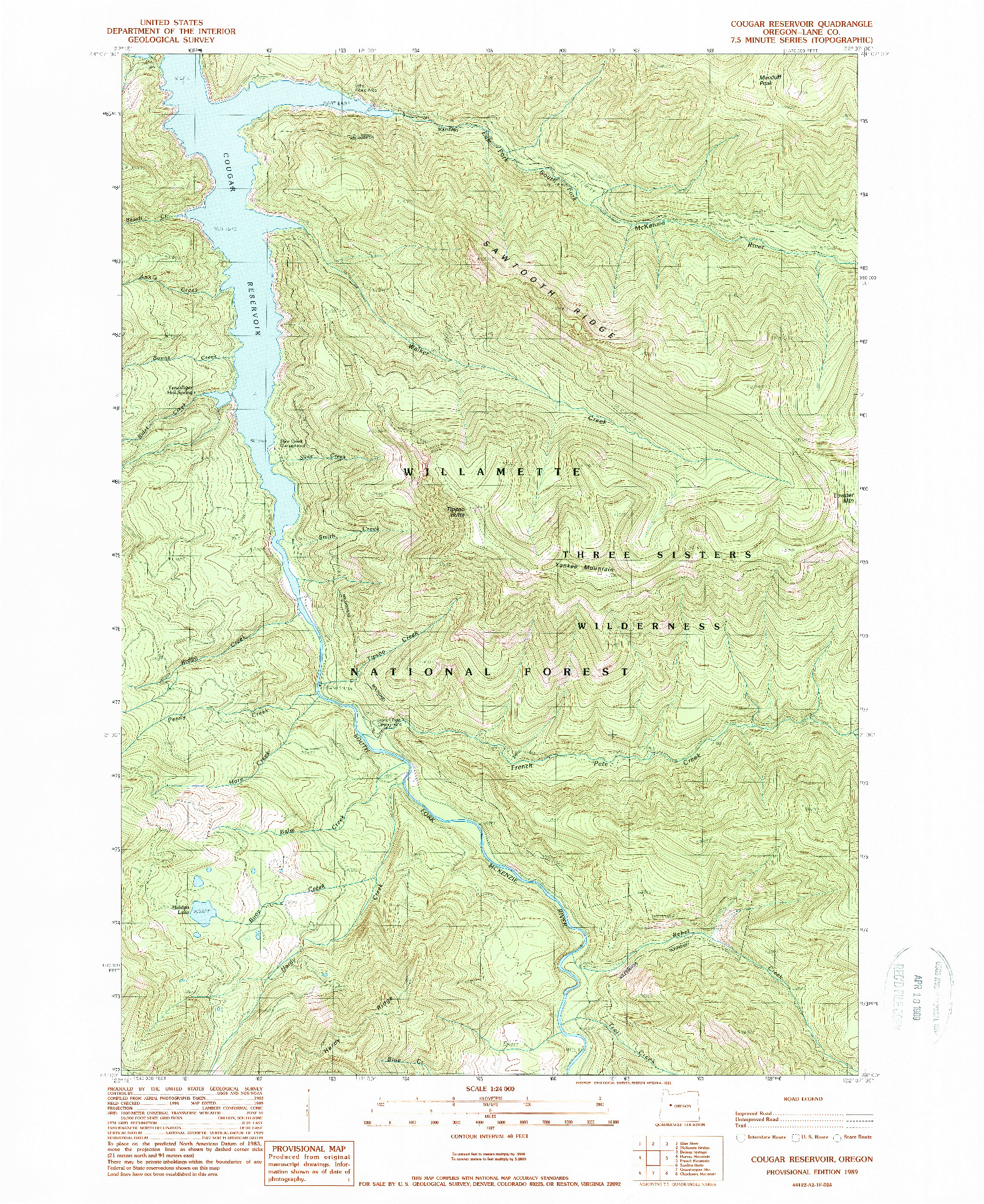 USGS 1:24000-SCALE QUADRANGLE FOR COUGAR RESERVOIR, OR 1989