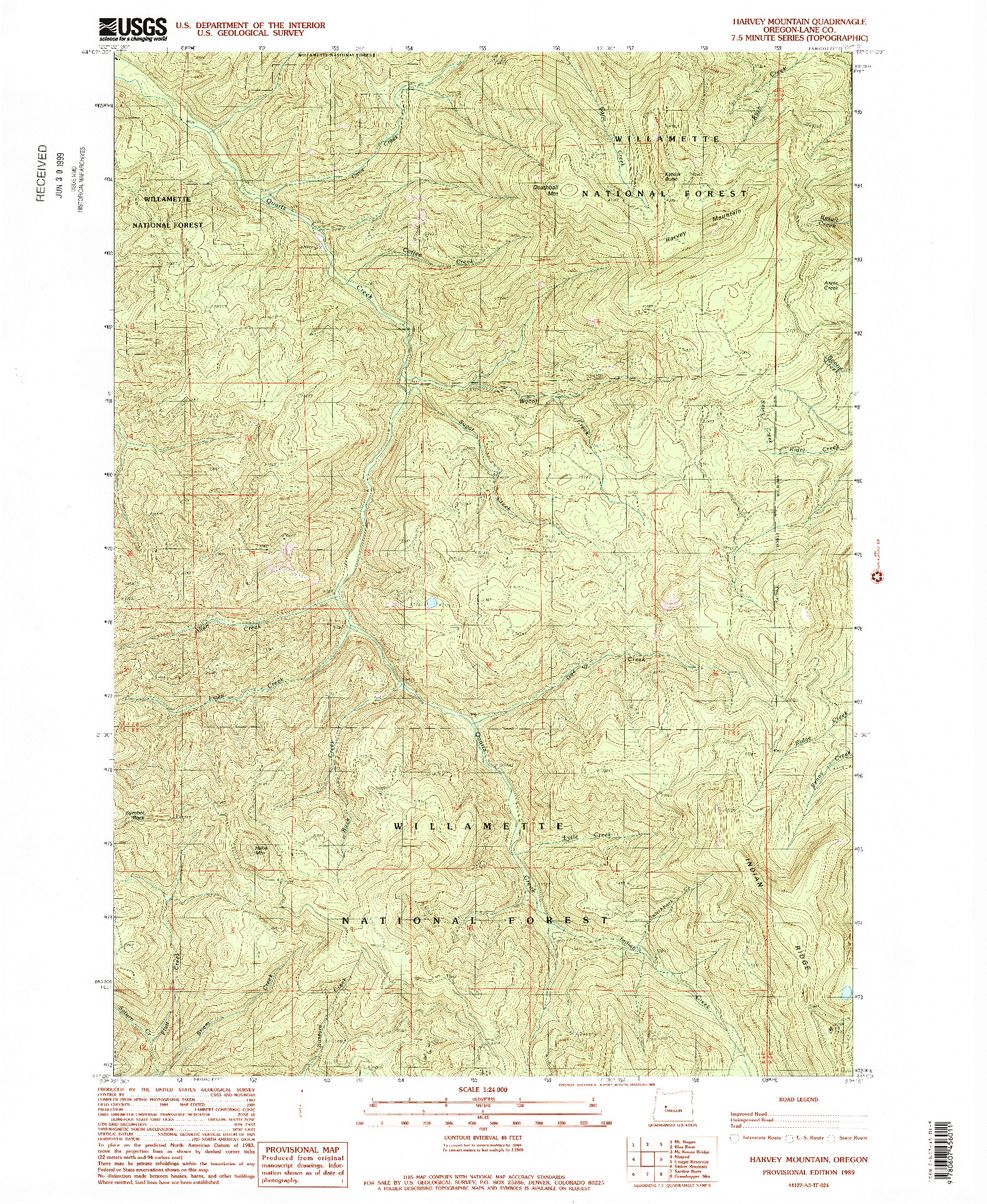 USGS 1:24000-SCALE QUADRANGLE FOR HARVEY MOUNTAIN, OR 1989