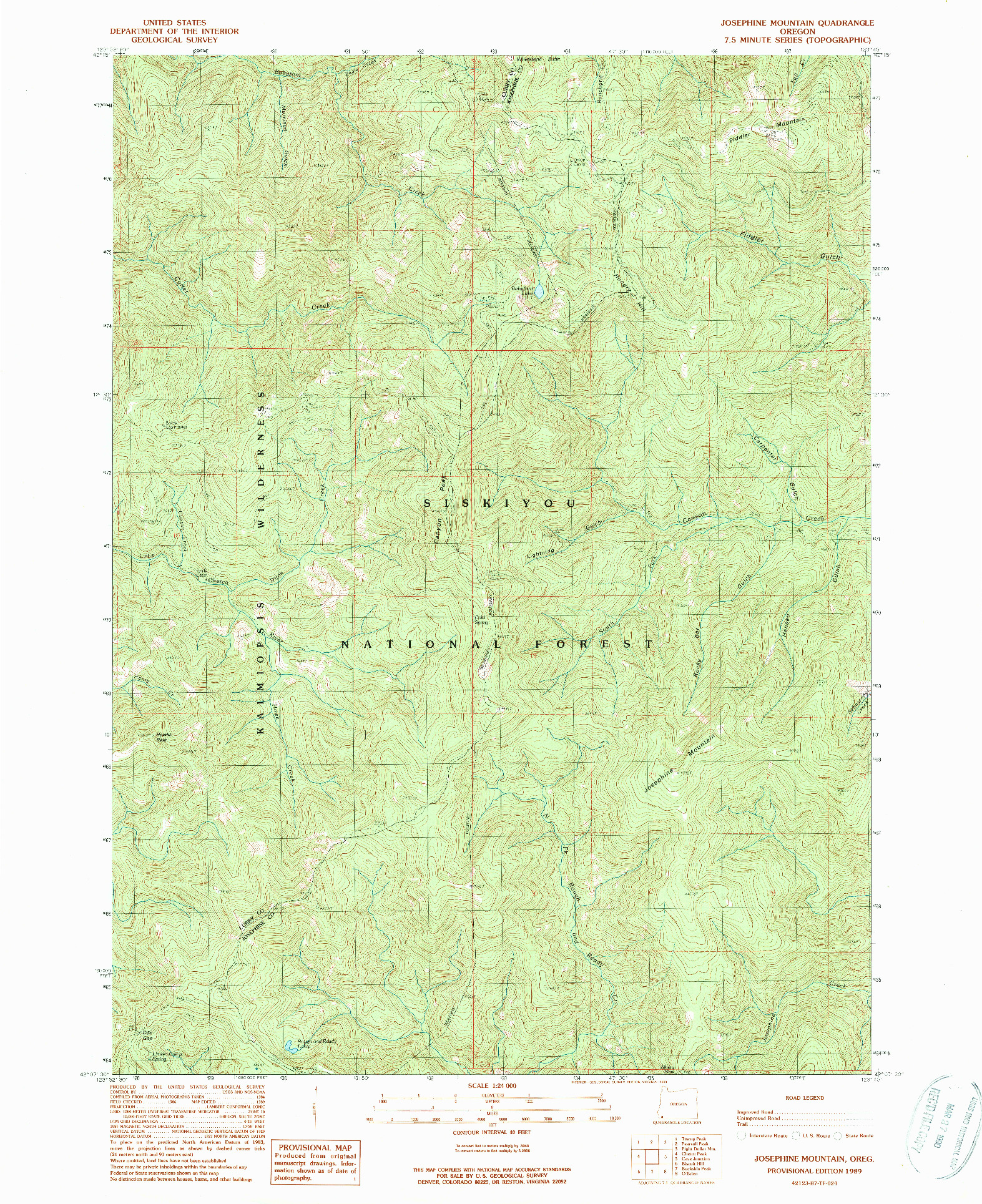 USGS 1:24000-SCALE QUADRANGLE FOR JOSEPHINE MOUNTAIN, OR 1989