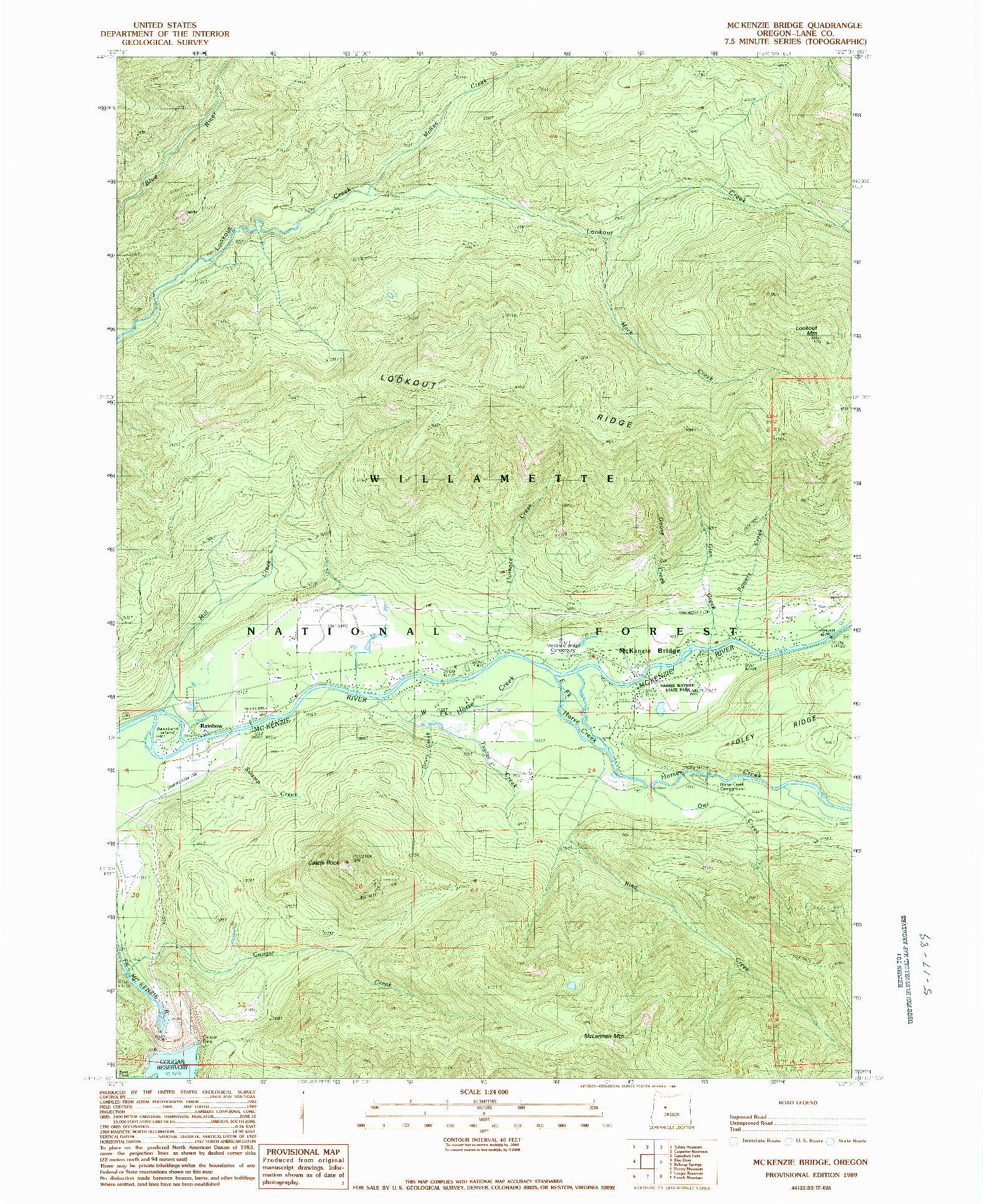 USGS 1:24000-SCALE QUADRANGLE FOR MC KENZIE BRIDGE, OR 1989