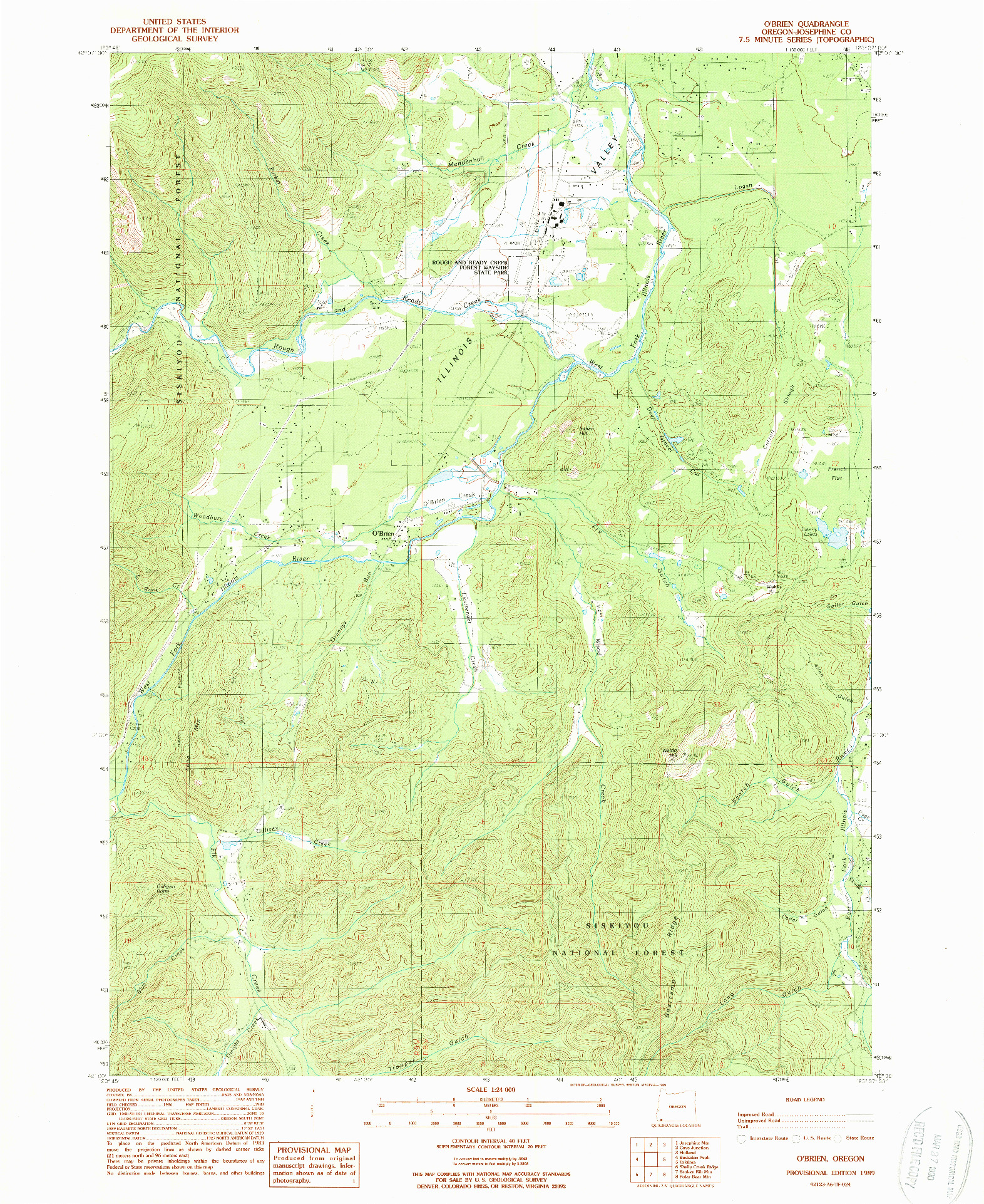 USGS 1:24000-SCALE QUADRANGLE FOR O'BRIEN, OR 1989