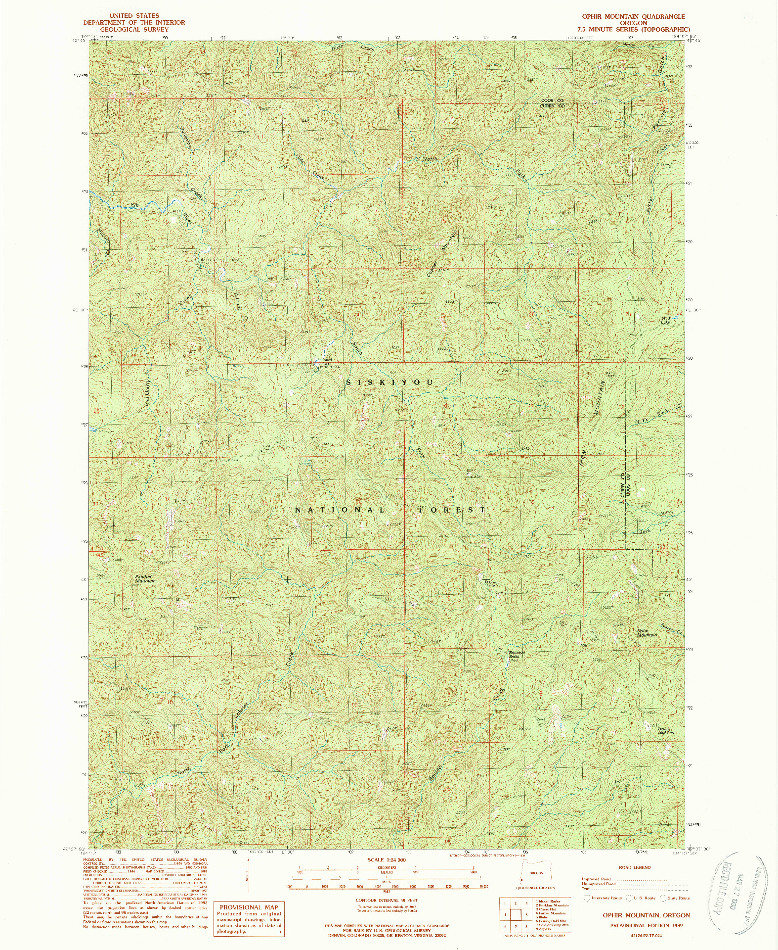 USGS 1:24000-SCALE QUADRANGLE FOR OPHIR MOUNTAIN, OR 1989