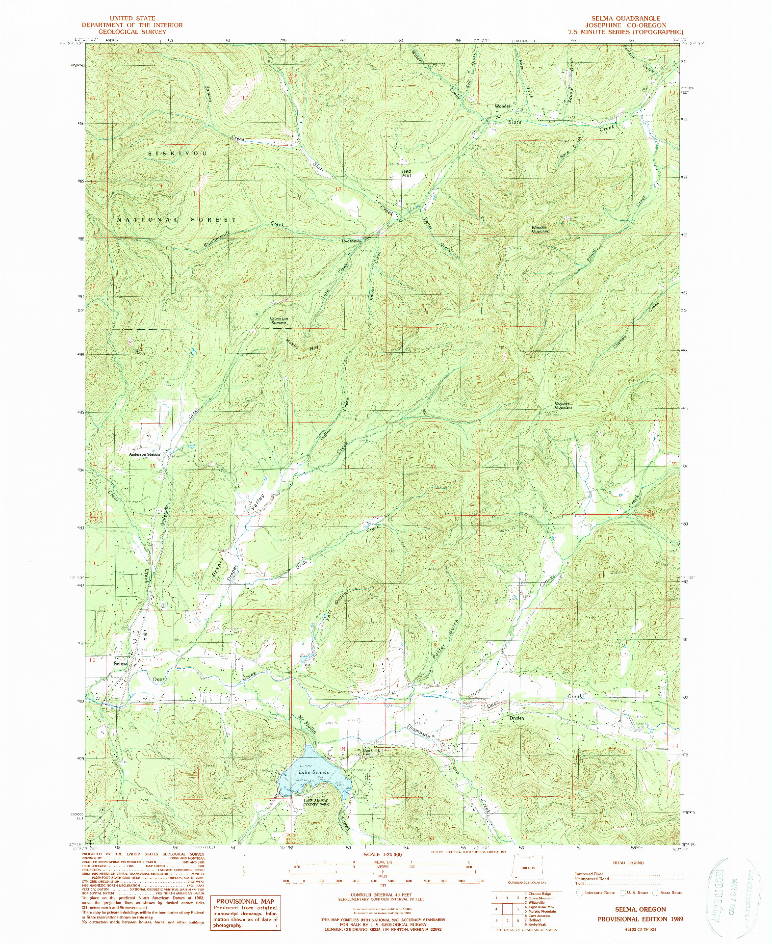 USGS 1:24000-SCALE QUADRANGLE FOR SELMA, OR 1989