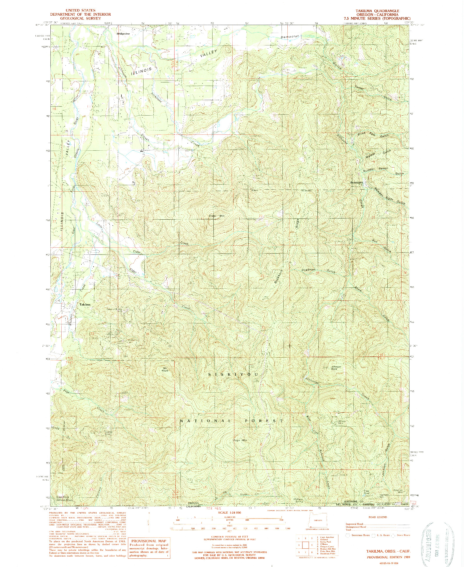 USGS 1:24000-SCALE QUADRANGLE FOR TAKILMA, OR 1989