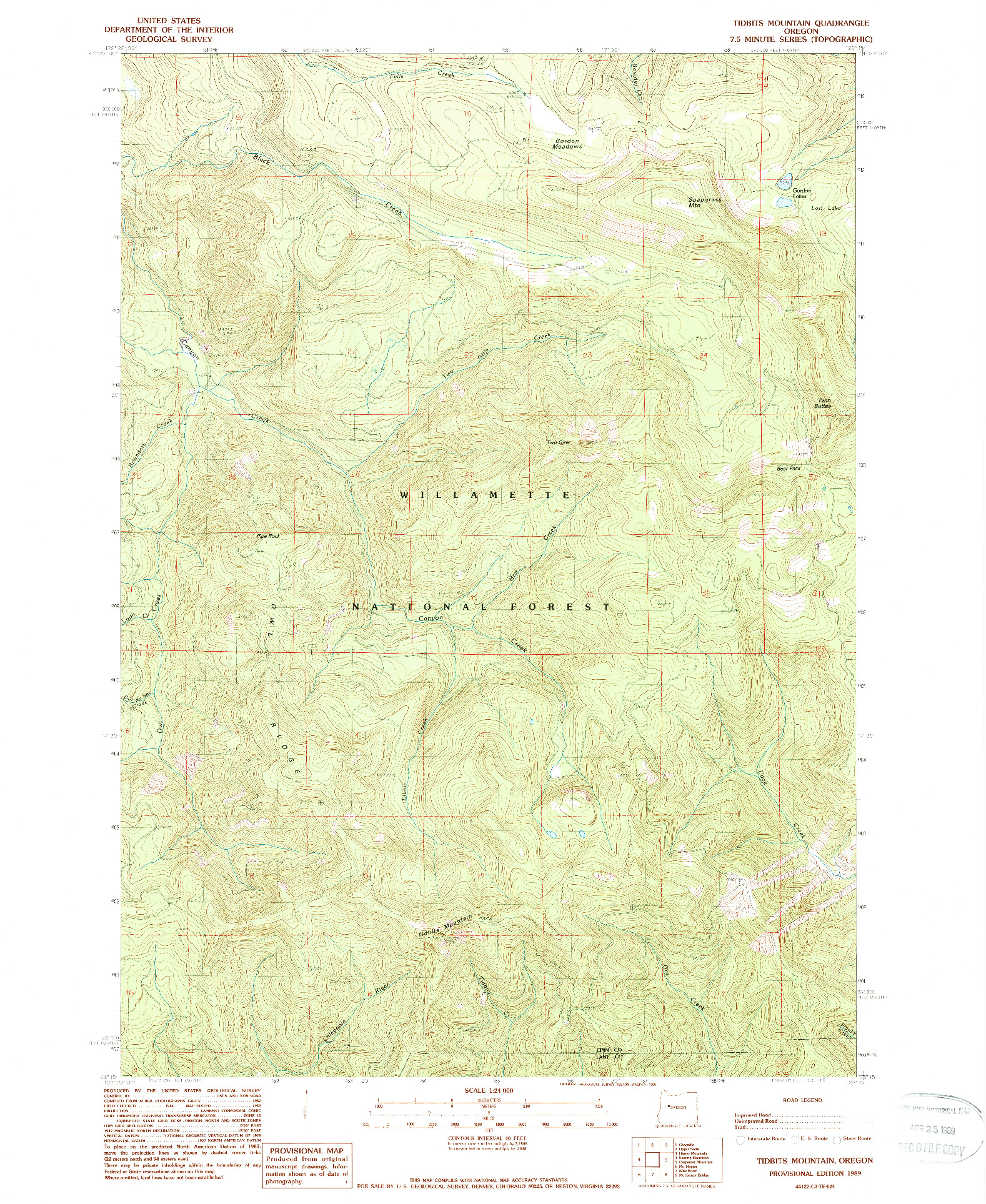 USGS 1:24000-SCALE QUADRANGLE FOR TIDBITS MOUNTAIN, OR 1989