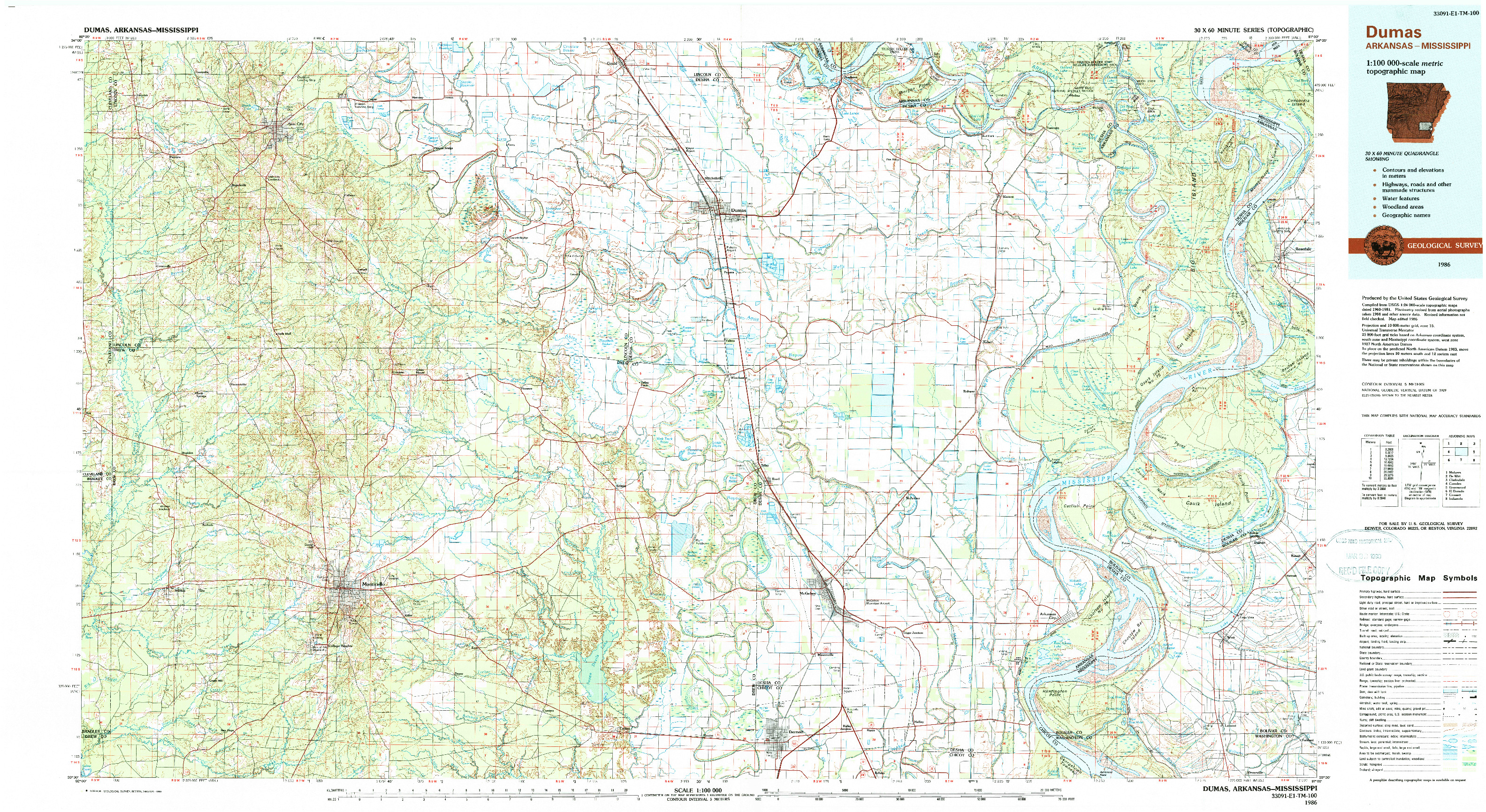 USGS 1:100000-SCALE QUADRANGLE FOR DUMAS, AR 1986