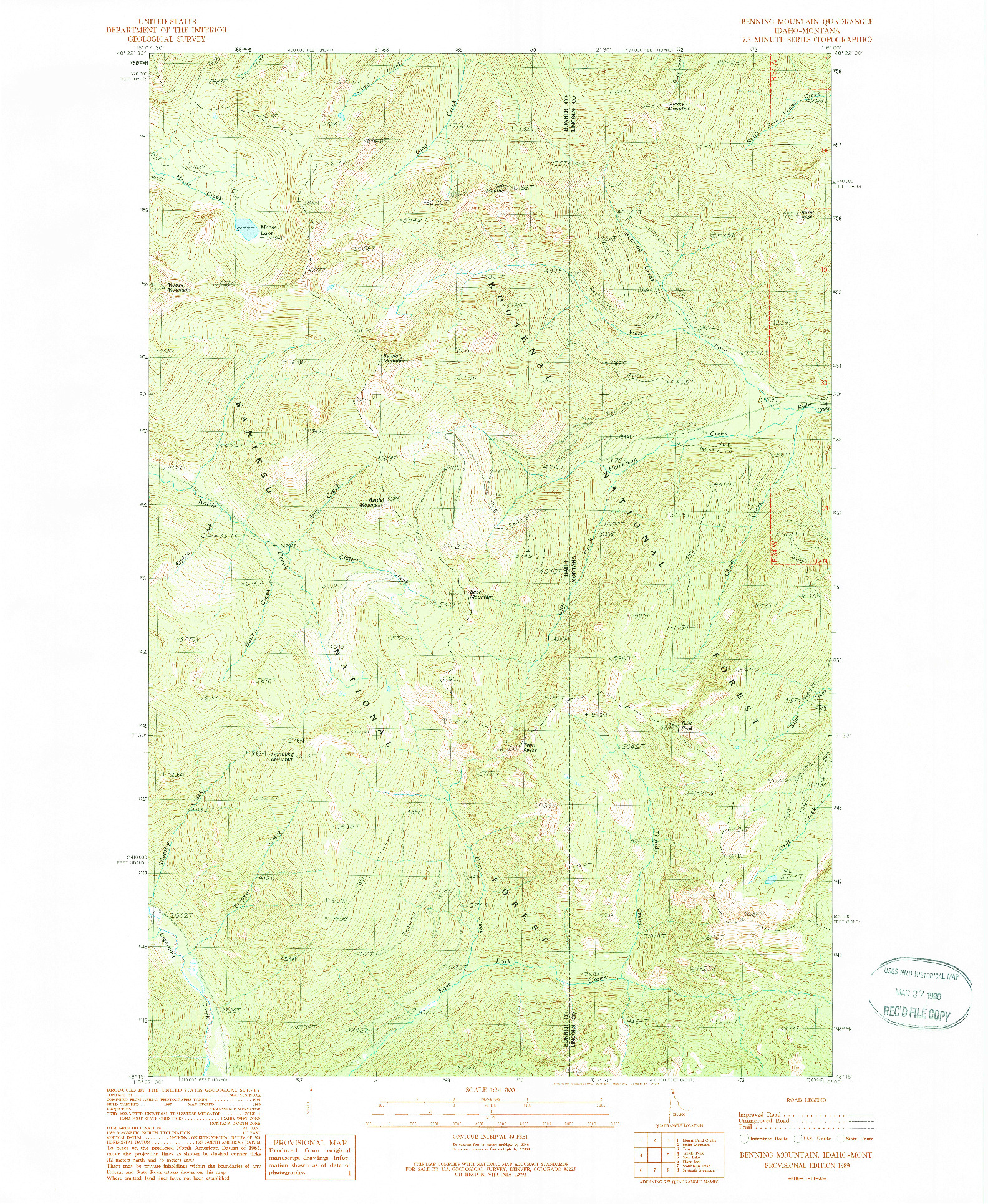 USGS 1:24000-SCALE QUADRANGLE FOR BENNING MOUNTAIN, ID 1989