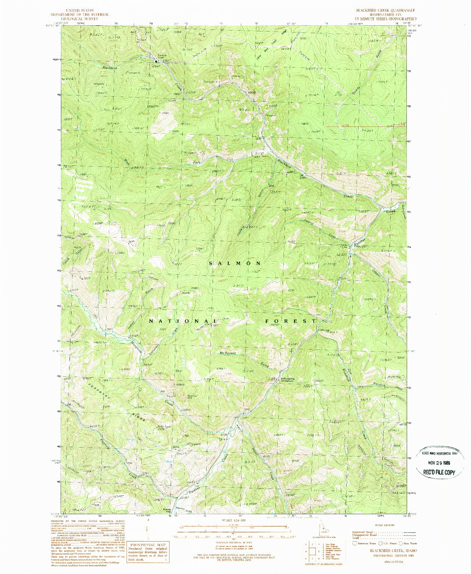 USGS 1:24000-SCALE QUADRANGLE FOR BLACKBIRD CREEK, ID 1989