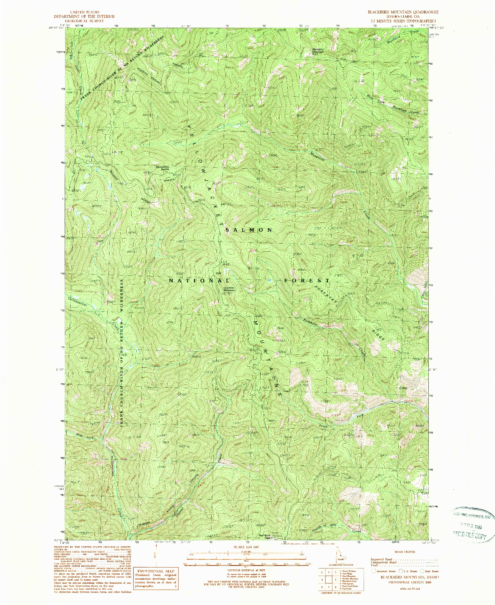 USGS 1:24000-SCALE QUADRANGLE FOR BLACKBIRD MOUNTAIN, ID 1989