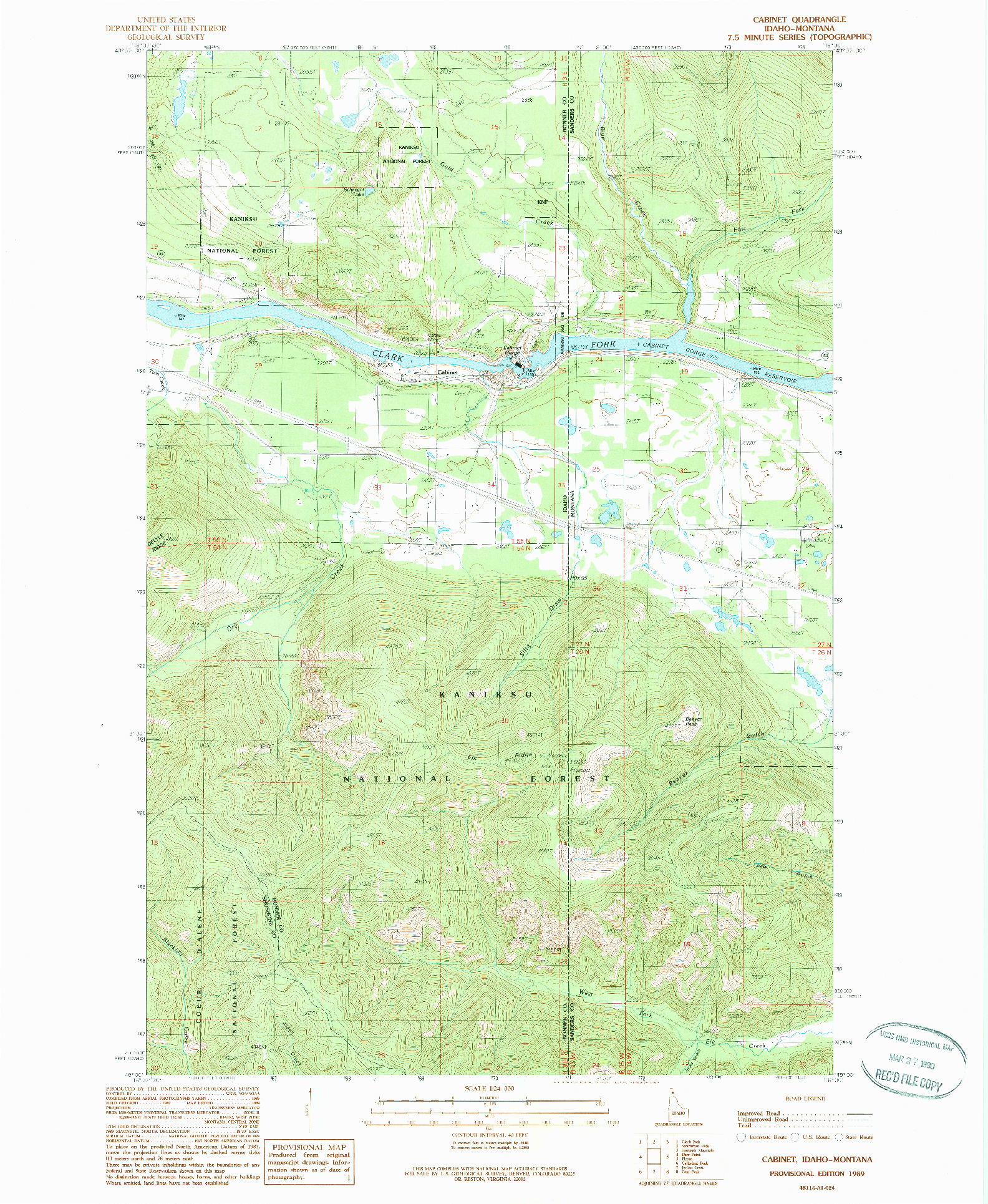USGS 1:24000-SCALE QUADRANGLE FOR CABINET, ID 1989