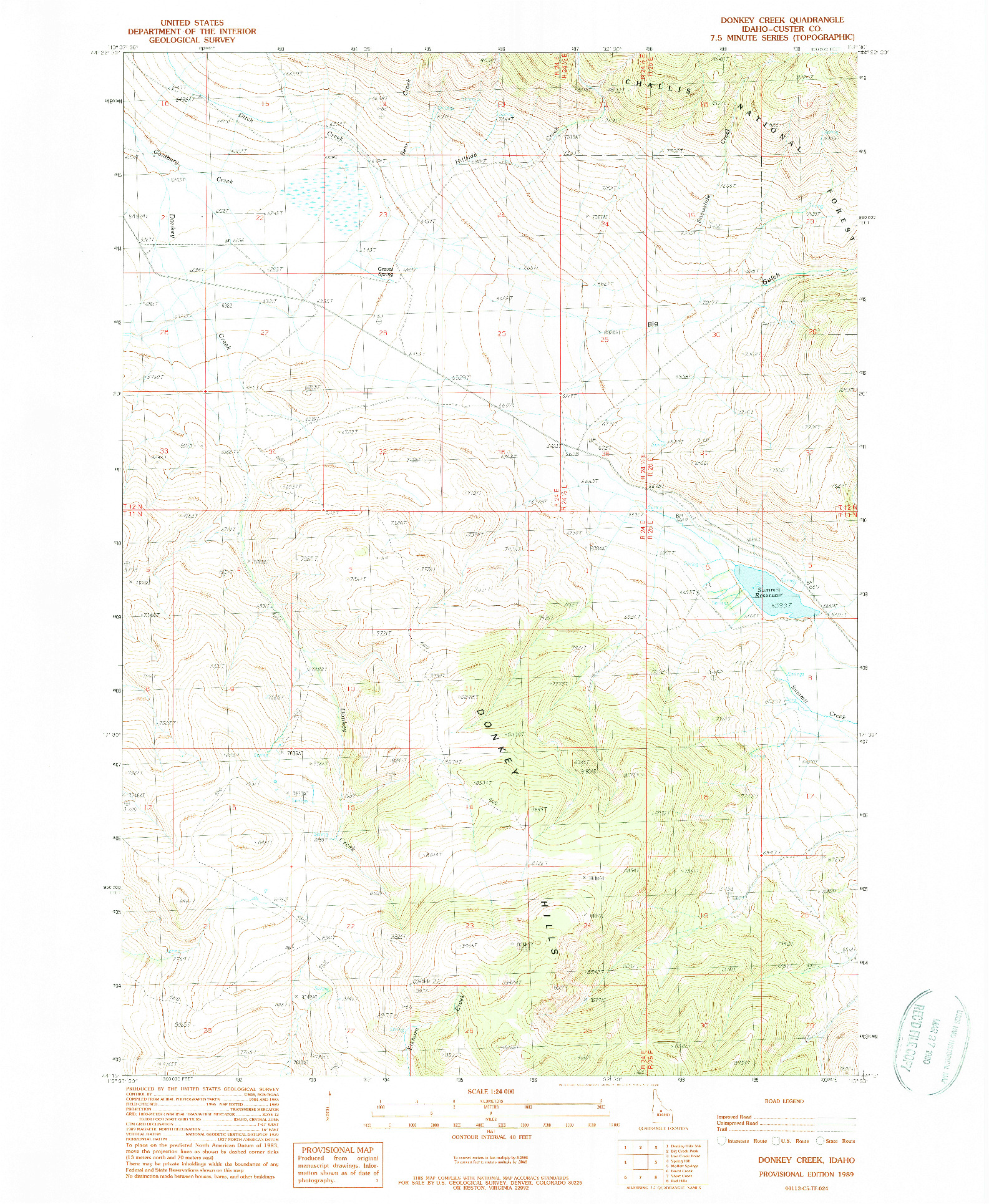 USGS 1:24000-SCALE QUADRANGLE FOR DONKEY CREEK, ID 1989