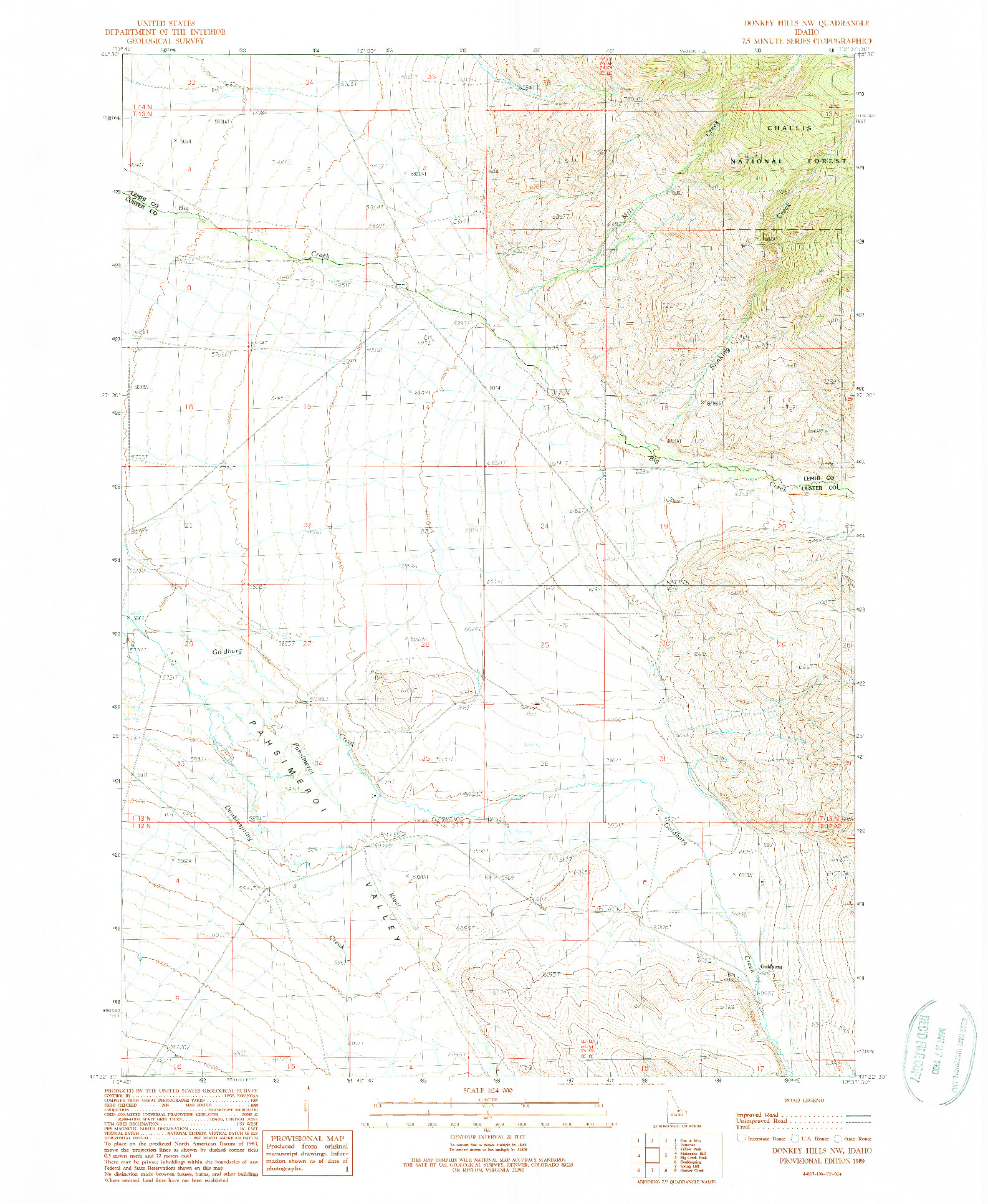 USGS 1:24000-SCALE QUADRANGLE FOR DONKEY HILLS NW, ID 1989