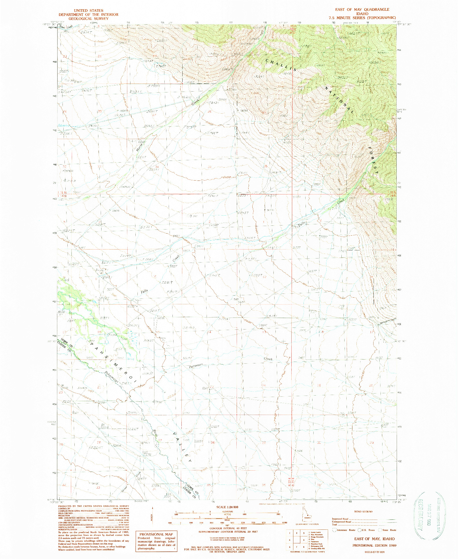 USGS 1:24000-SCALE QUADRANGLE FOR EAST OF MAY, ID 1989