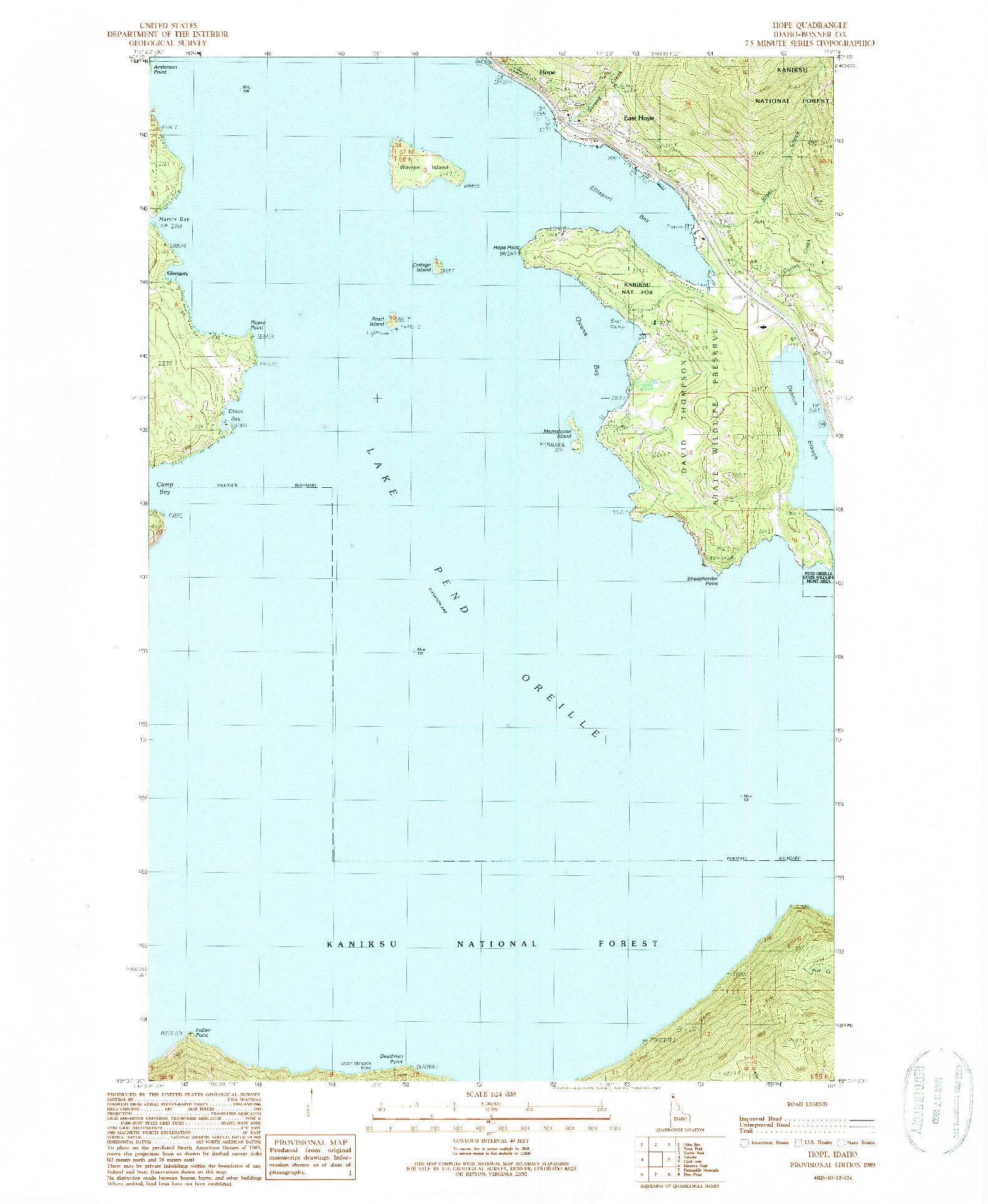 USGS 1:24000-SCALE QUADRANGLE FOR HOPE, ID 1989