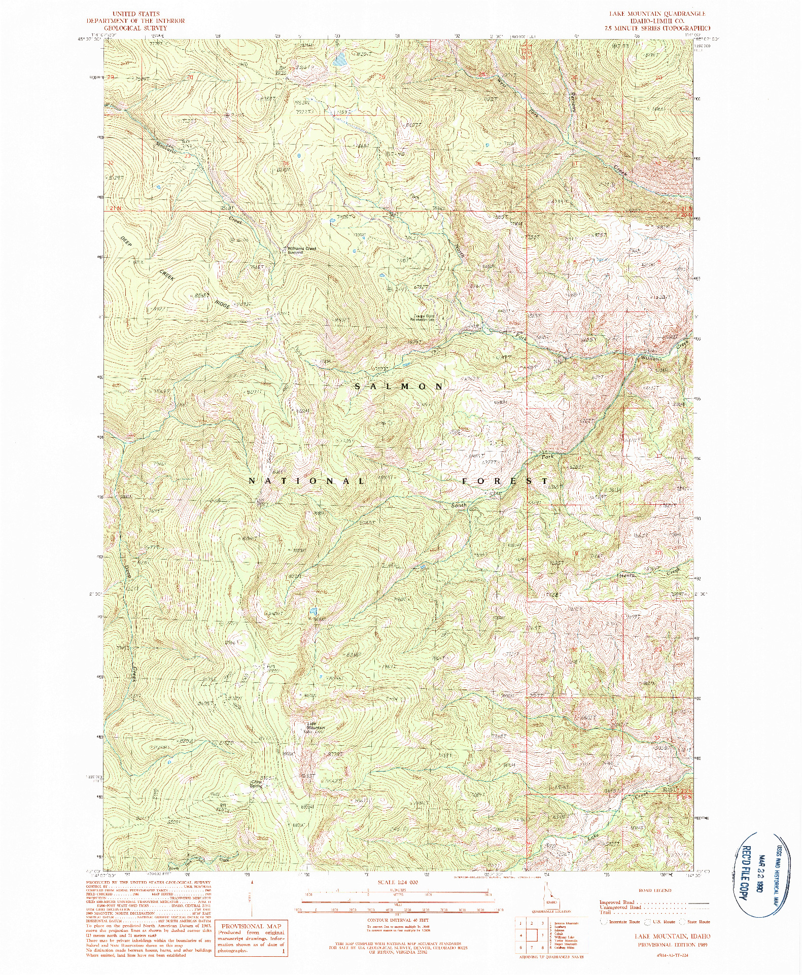 USGS 1:24000-SCALE QUADRANGLE FOR LAKE MOUNTAIN, ID 1989