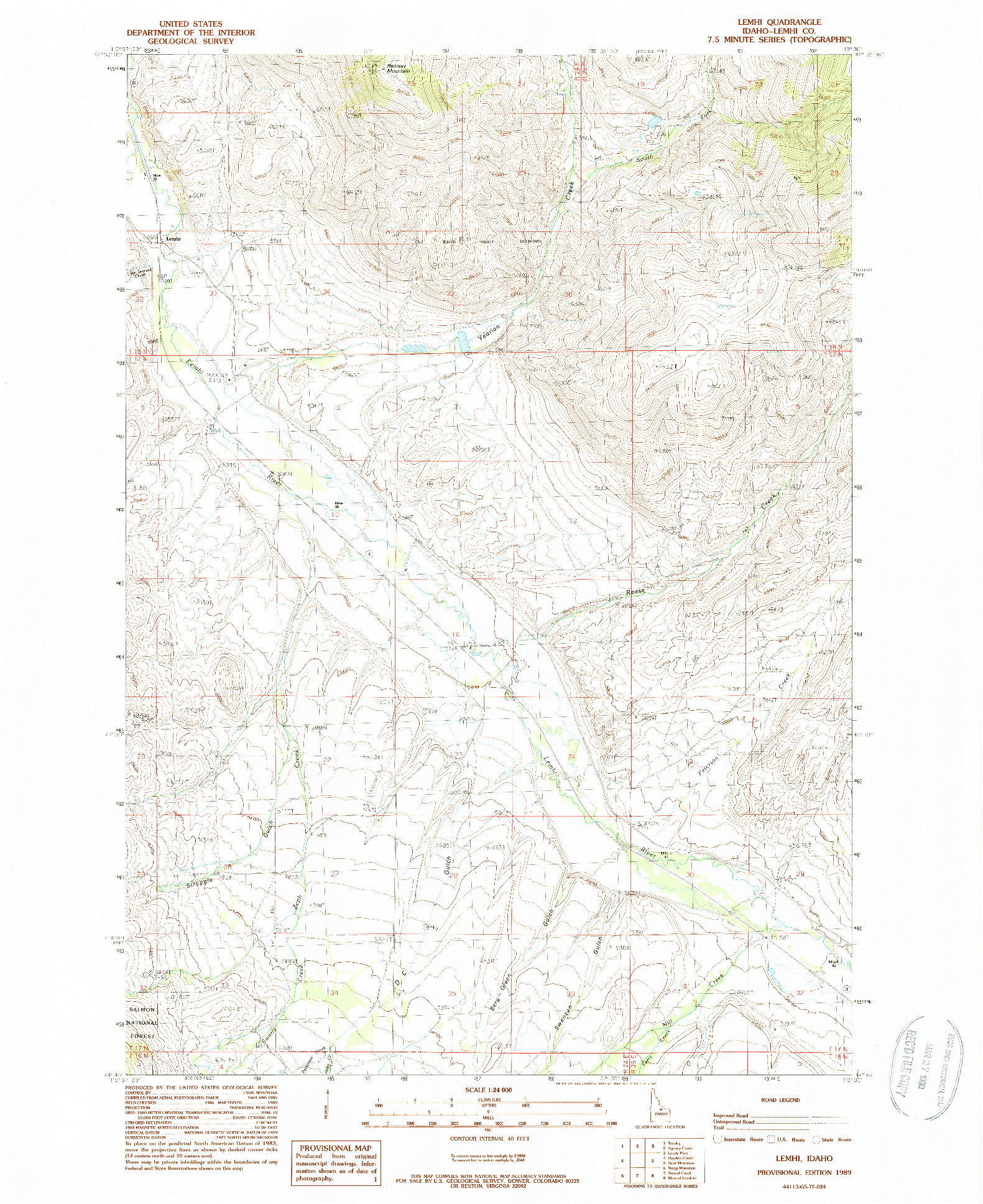 USGS 1:24000-SCALE QUADRANGLE FOR LEMHI, ID 1989