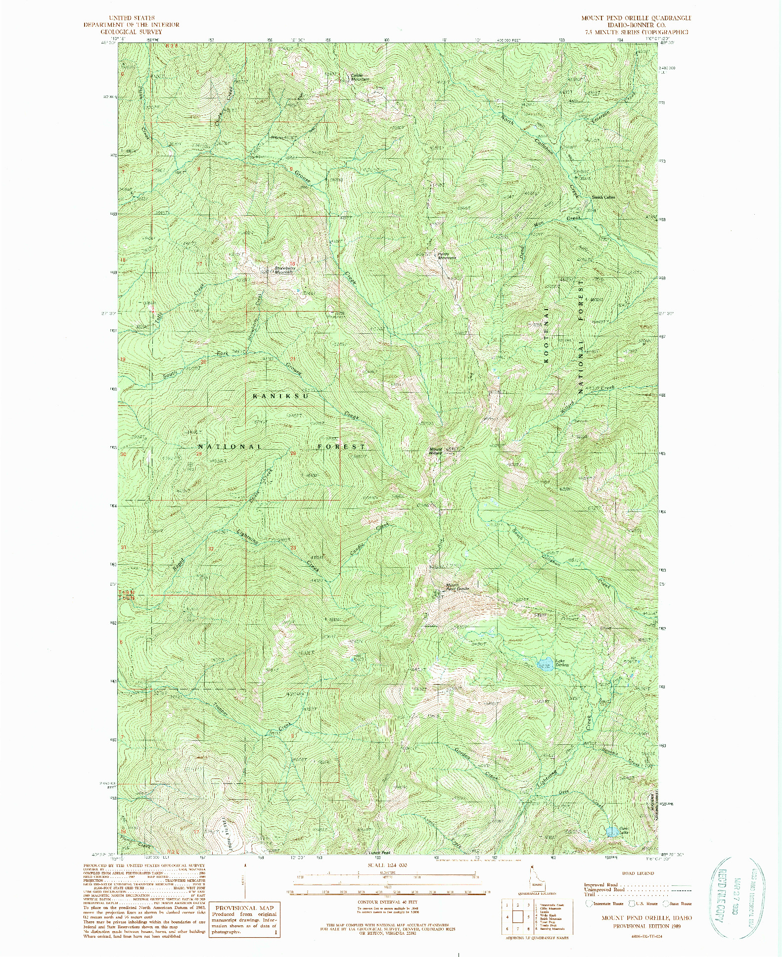 USGS 1:24000-SCALE QUADRANGLE FOR MOUNT PEND OREILLE, ID 1989