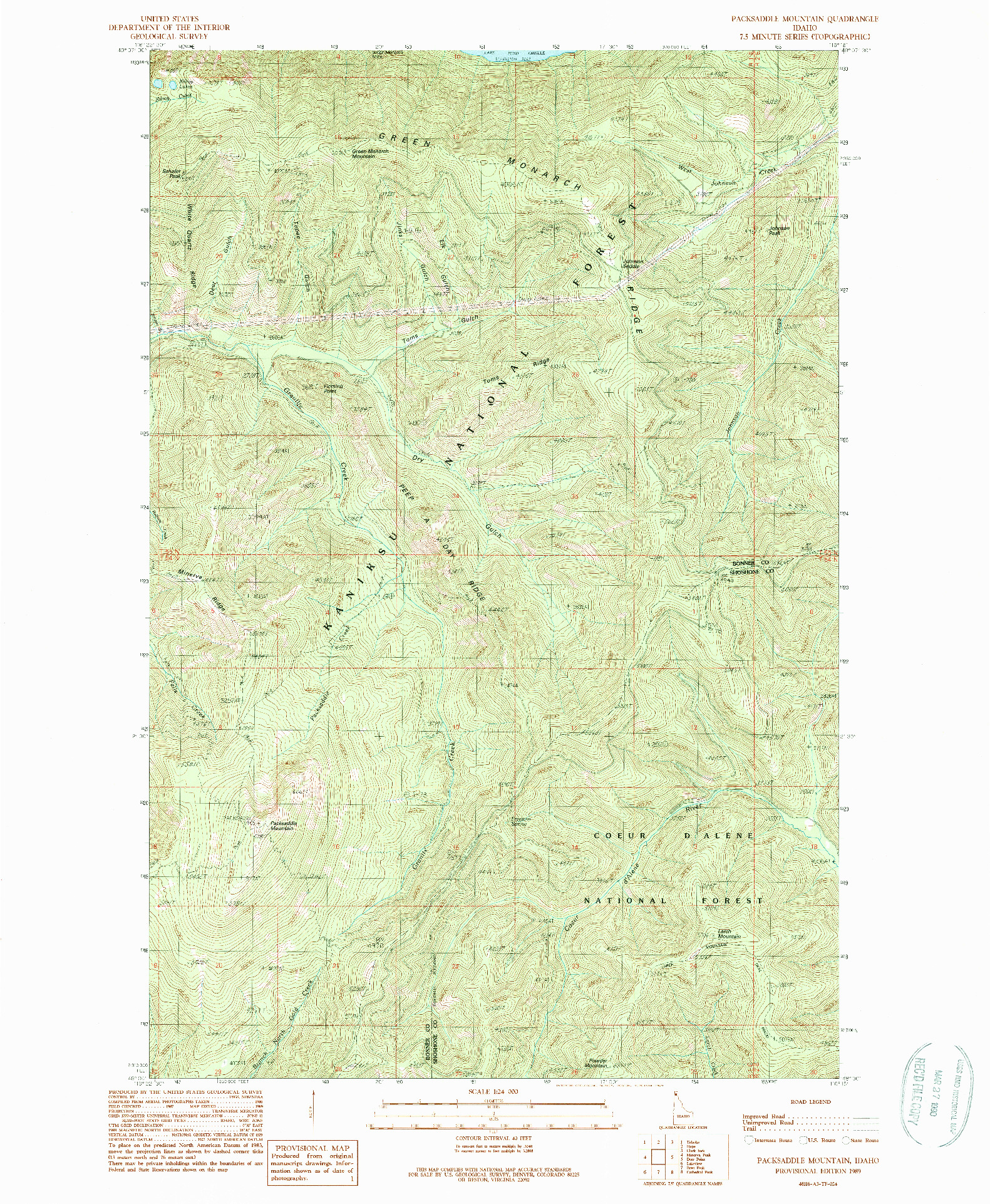USGS 1:24000-SCALE QUADRANGLE FOR PACKSADDLE MOUNTAIN, ID 1989