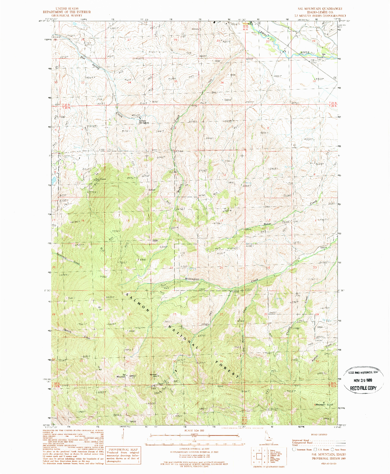 USGS 1:24000-SCALE QUADRANGLE FOR SAL MOUNTAIN, ID 1989