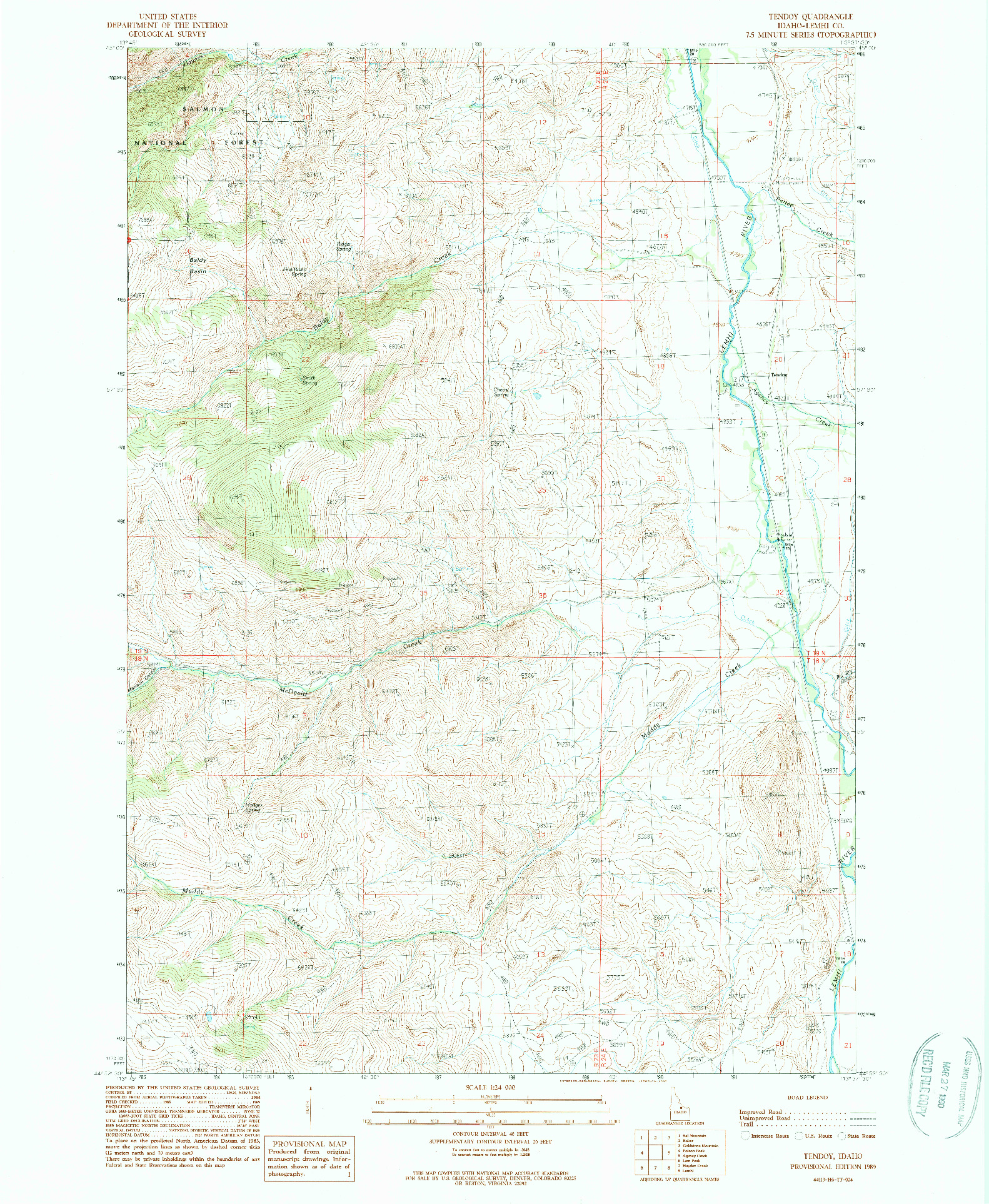 USGS 1:24000-SCALE QUADRANGLE FOR TENDOY, ID 1989