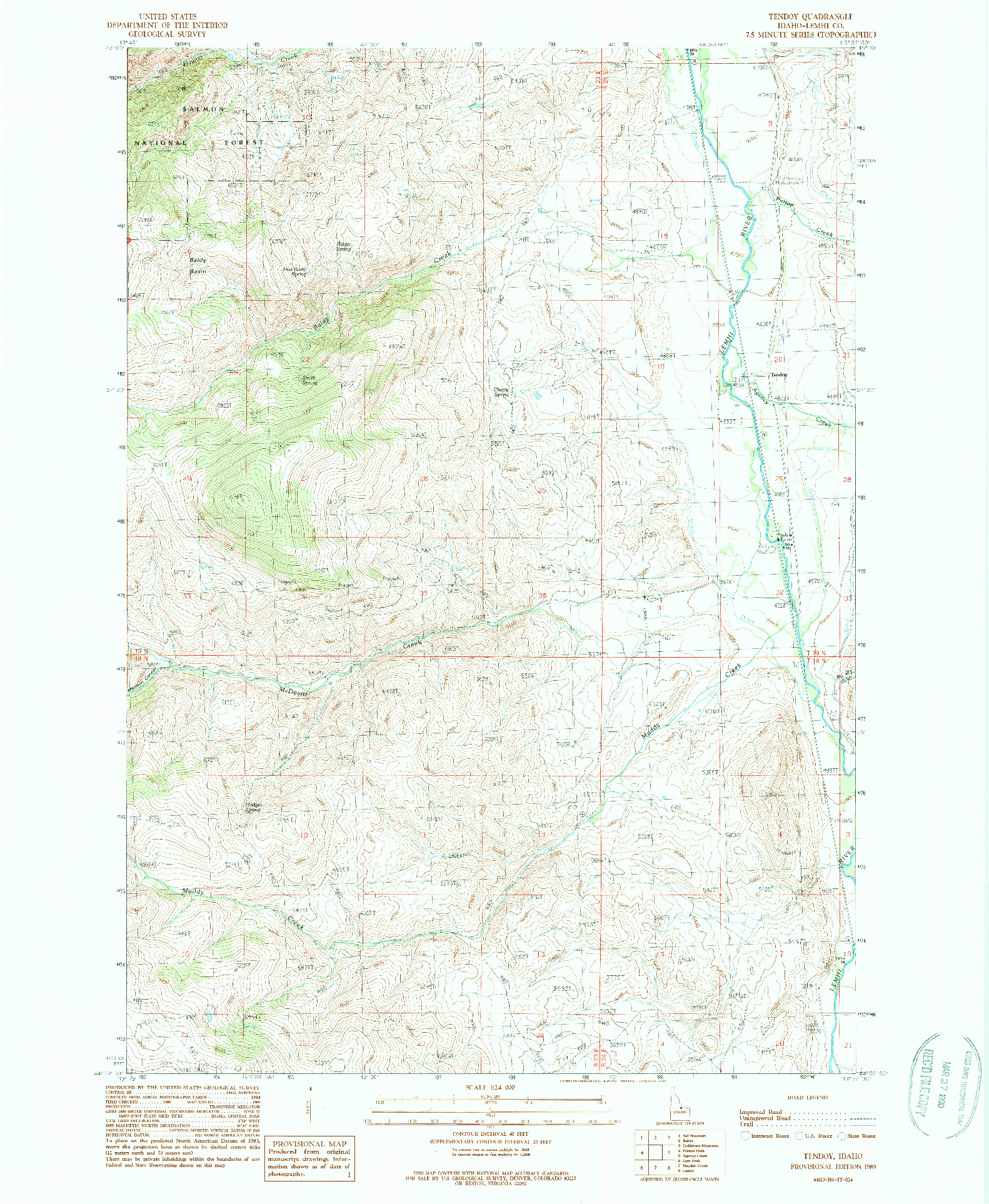 USGS 1:24000-SCALE QUADRANGLE FOR TENDOY, ID 1989