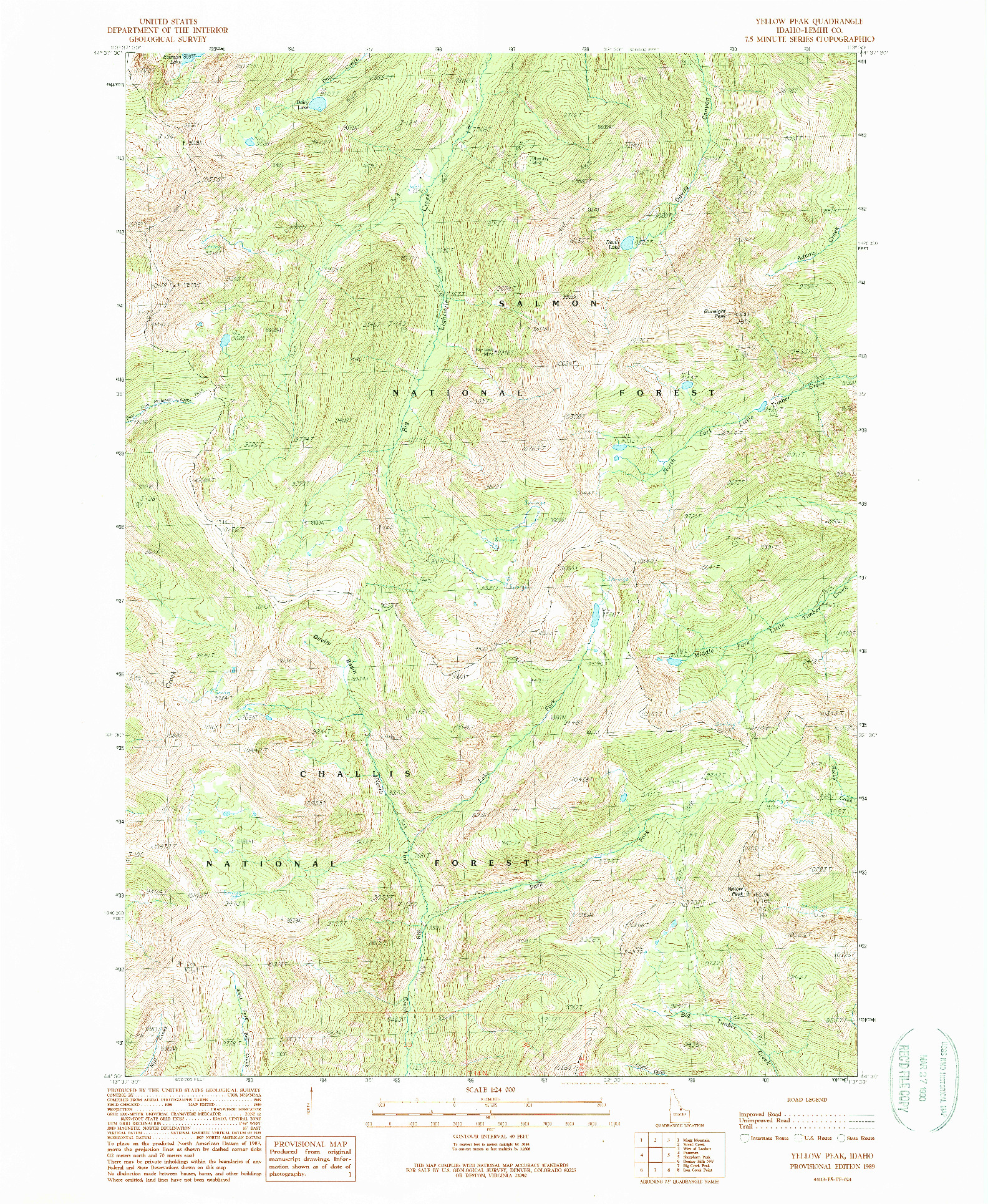 USGS 1:24000-SCALE QUADRANGLE FOR YELLOW PEAK, ID 1989