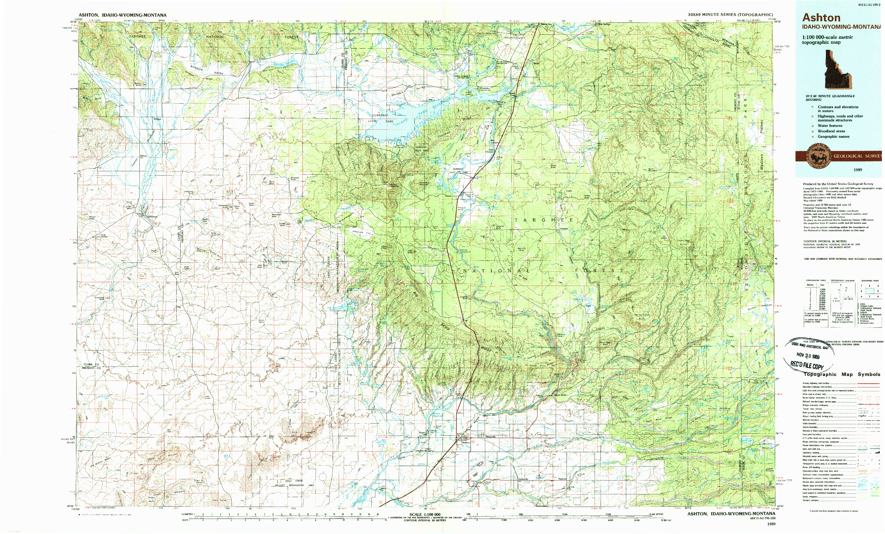 USGS 1:100000-SCALE QUADRANGLE FOR ASHTON, ID 1989