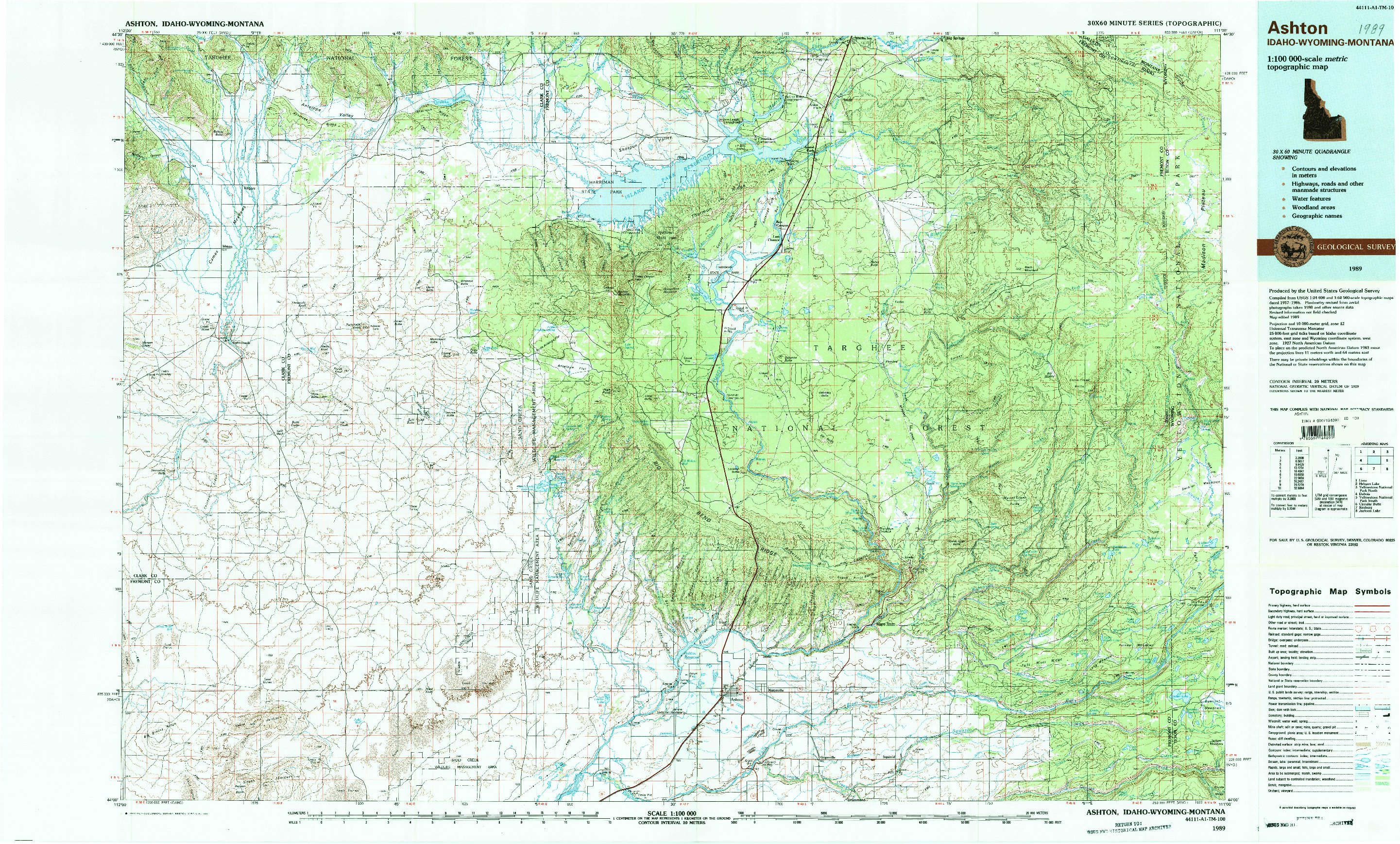 USGS 1:100000-SCALE QUADRANGLE FOR ASHTON, ID 1989