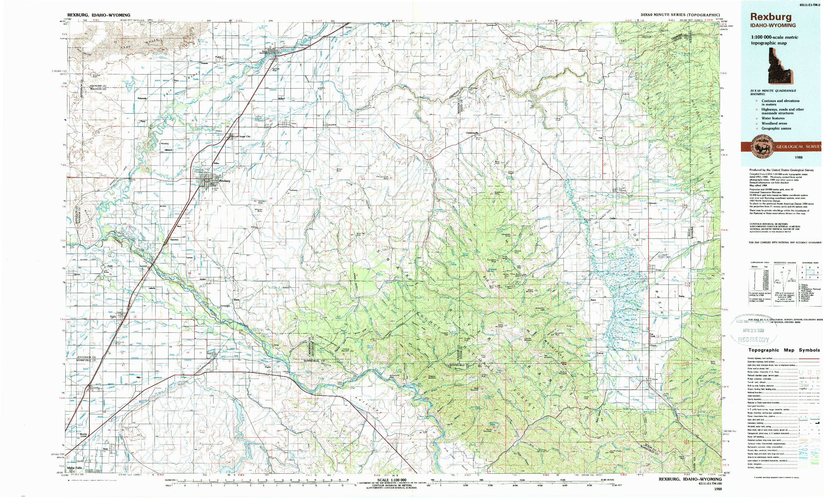 USGS 1:100000-SCALE QUADRANGLE FOR REXBURG, ID 1988