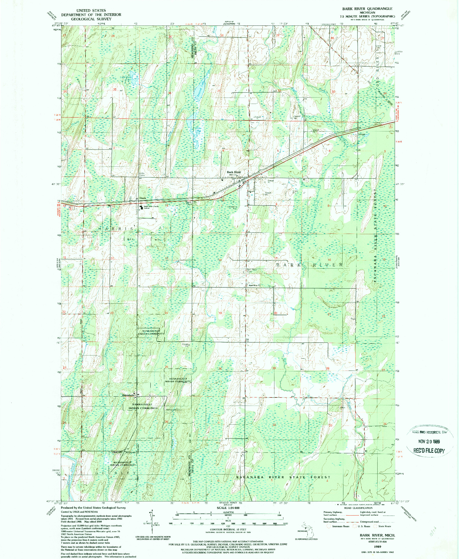 USGS 1:24000-SCALE QUADRANGLE FOR BARK RIVER, MI 1989