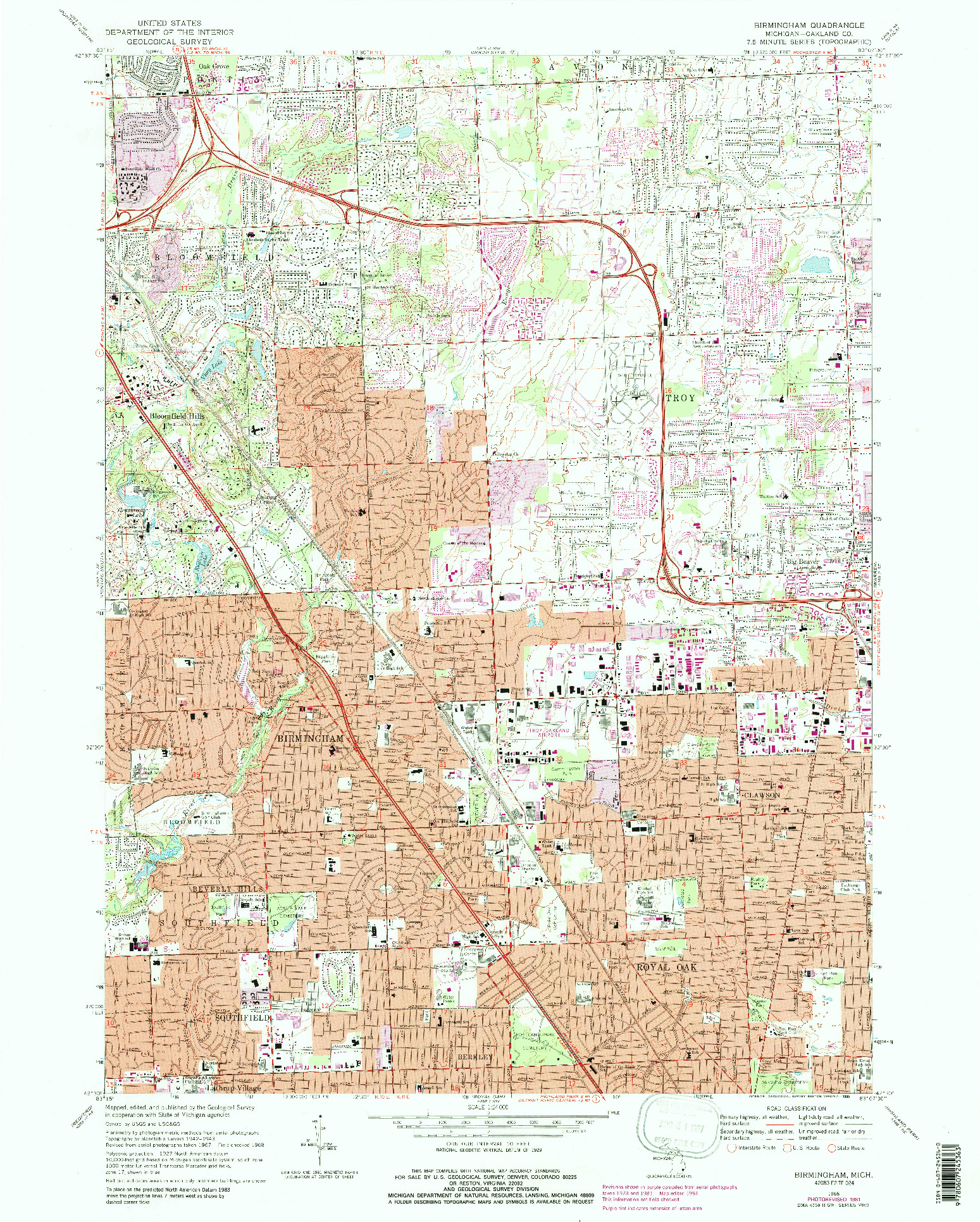 USGS 1:24000-SCALE QUADRANGLE FOR BIRMINGHAM, MI 1968