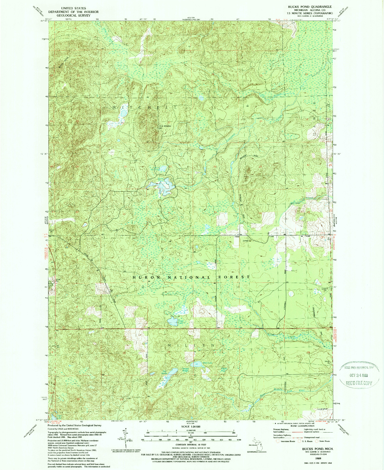 USGS 1:24000-SCALE QUADRANGLE FOR BUCKS POND, MI 1989