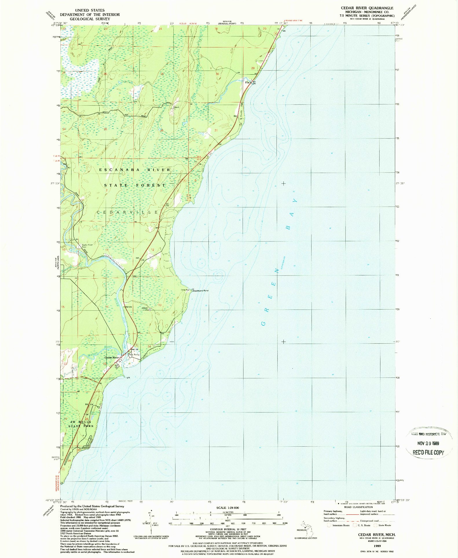 USGS 1:24000-SCALE QUADRANGLE FOR CEDAR RIVER, MI 1989