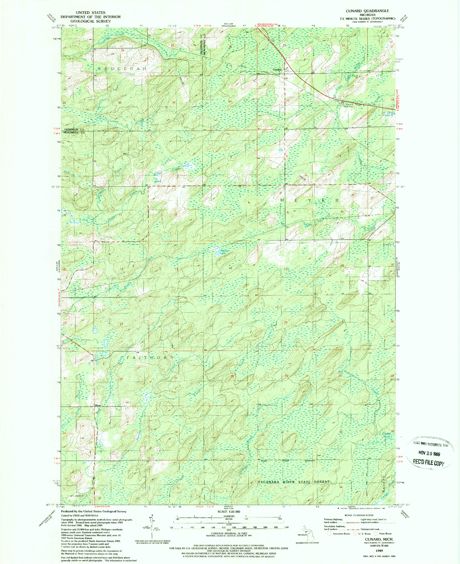 USGS 1:24000-SCALE QUADRANGLE FOR CUNARD, MI 1989