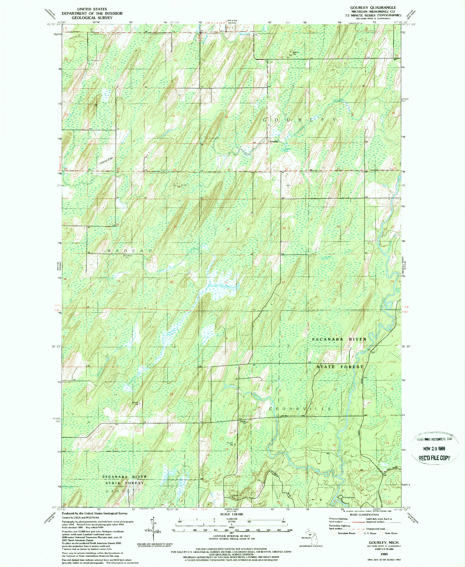 USGS 1:24000-SCALE QUADRANGLE FOR GOURLEY, MI 1989