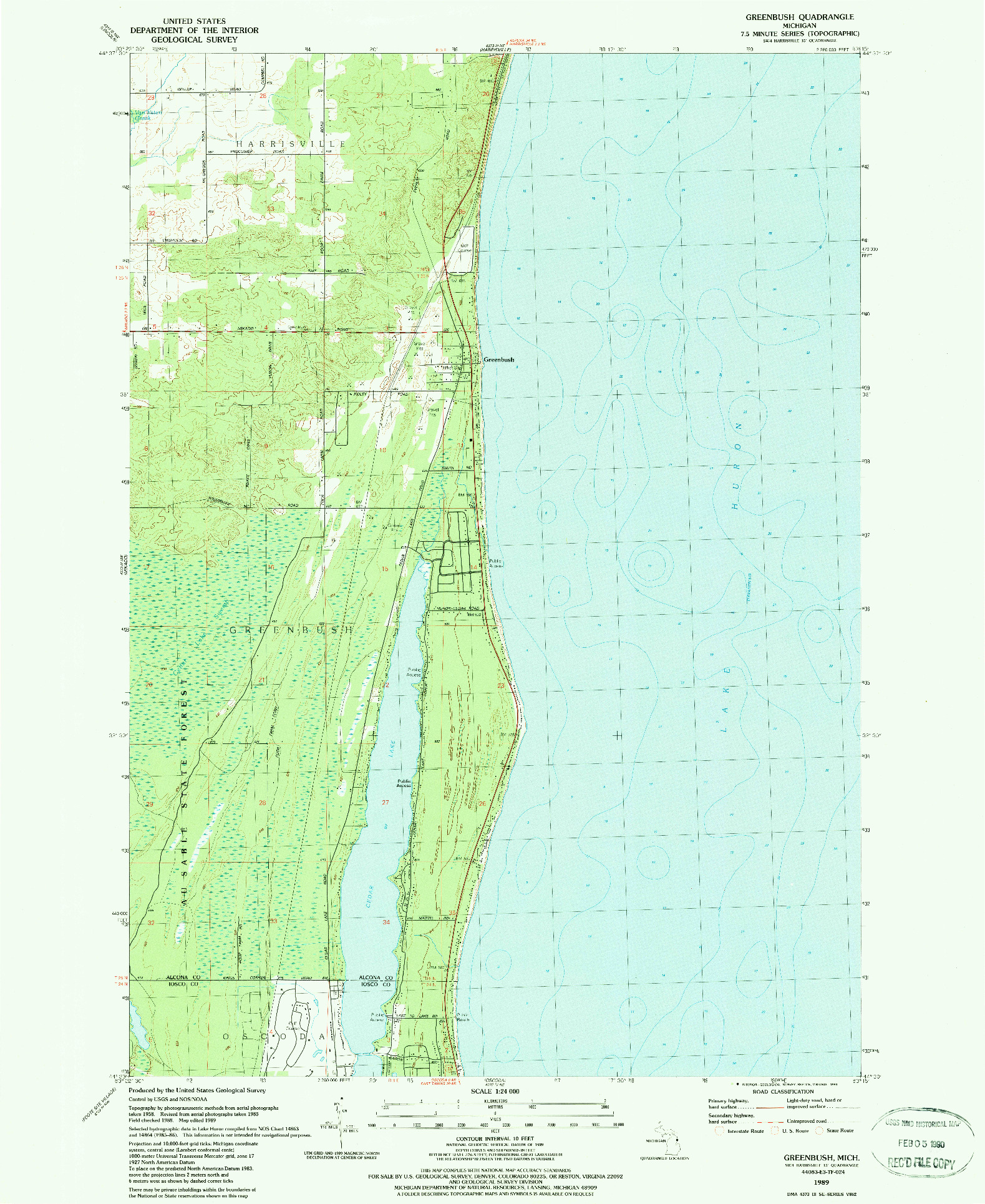 USGS 1:24000-SCALE QUADRANGLE FOR GREENBUSH, MI 1989